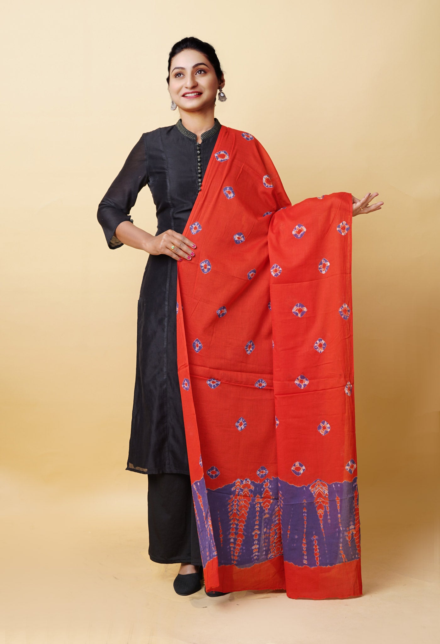 Red Pure Tie And Dye Shibori Bandhani Printed Soft Cotton Dupatta-UDS5845