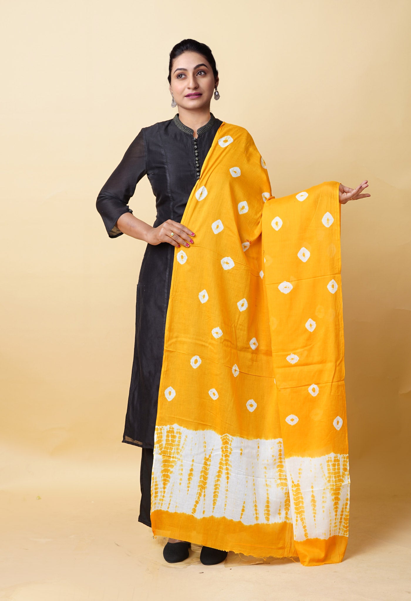 Yellow Pure Tie And Dye Shibori Bandhani Printed Soft Cotton Dupatta-UDS5847