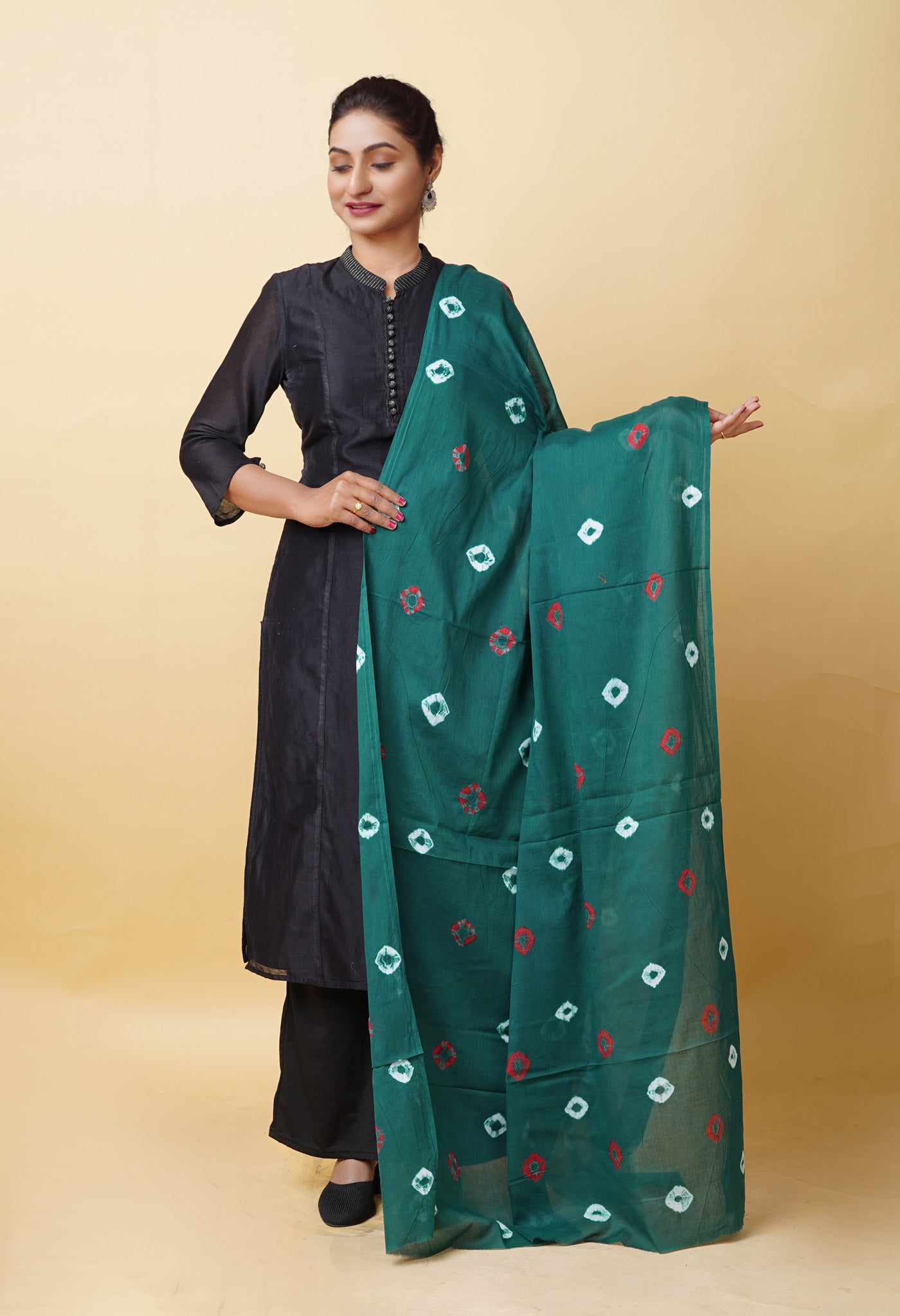 Green Pure Tie And Dye Shibori Bandhani Printed Soft Cotton Dupatta-UDS5848