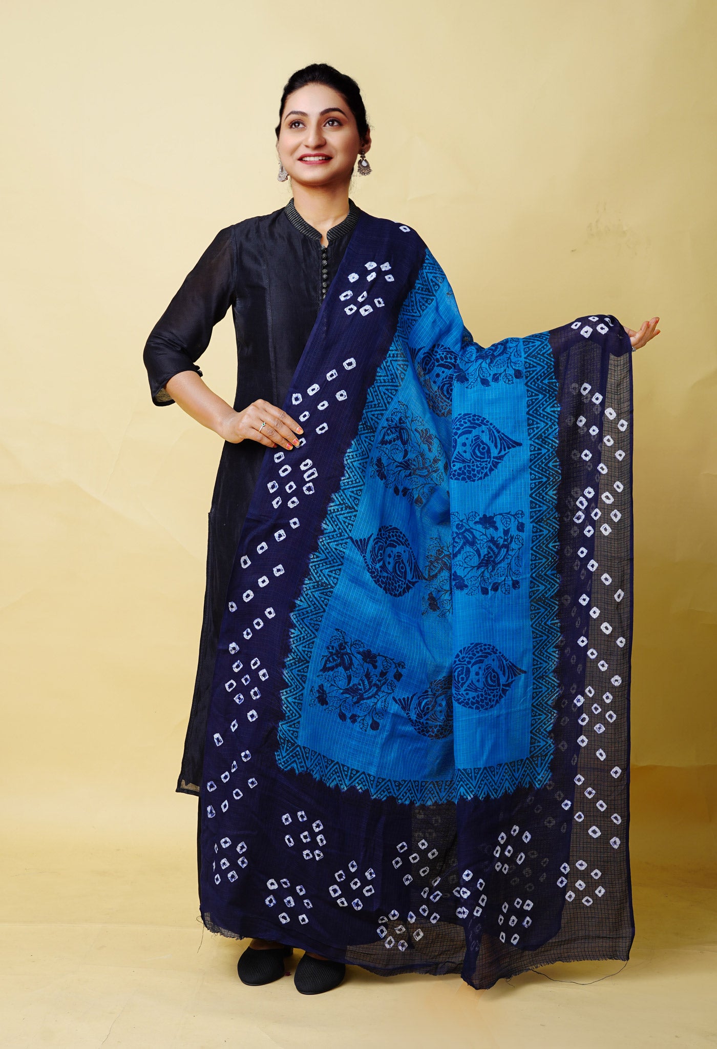 Blue-Navy Blue Pure Bandhani Block Printed Kota Dupatta-