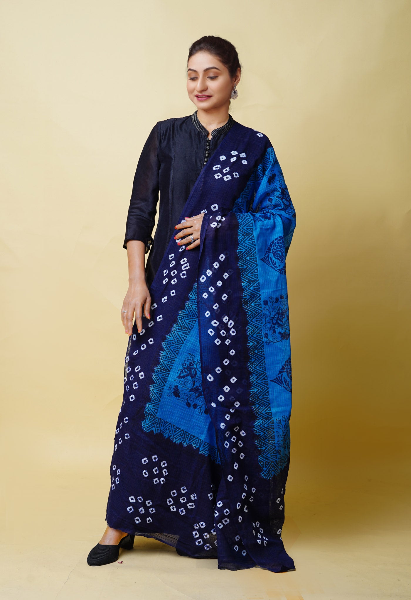 Blue-Navy Blue Pure Bandhani Block Printed Kota Dupatta-