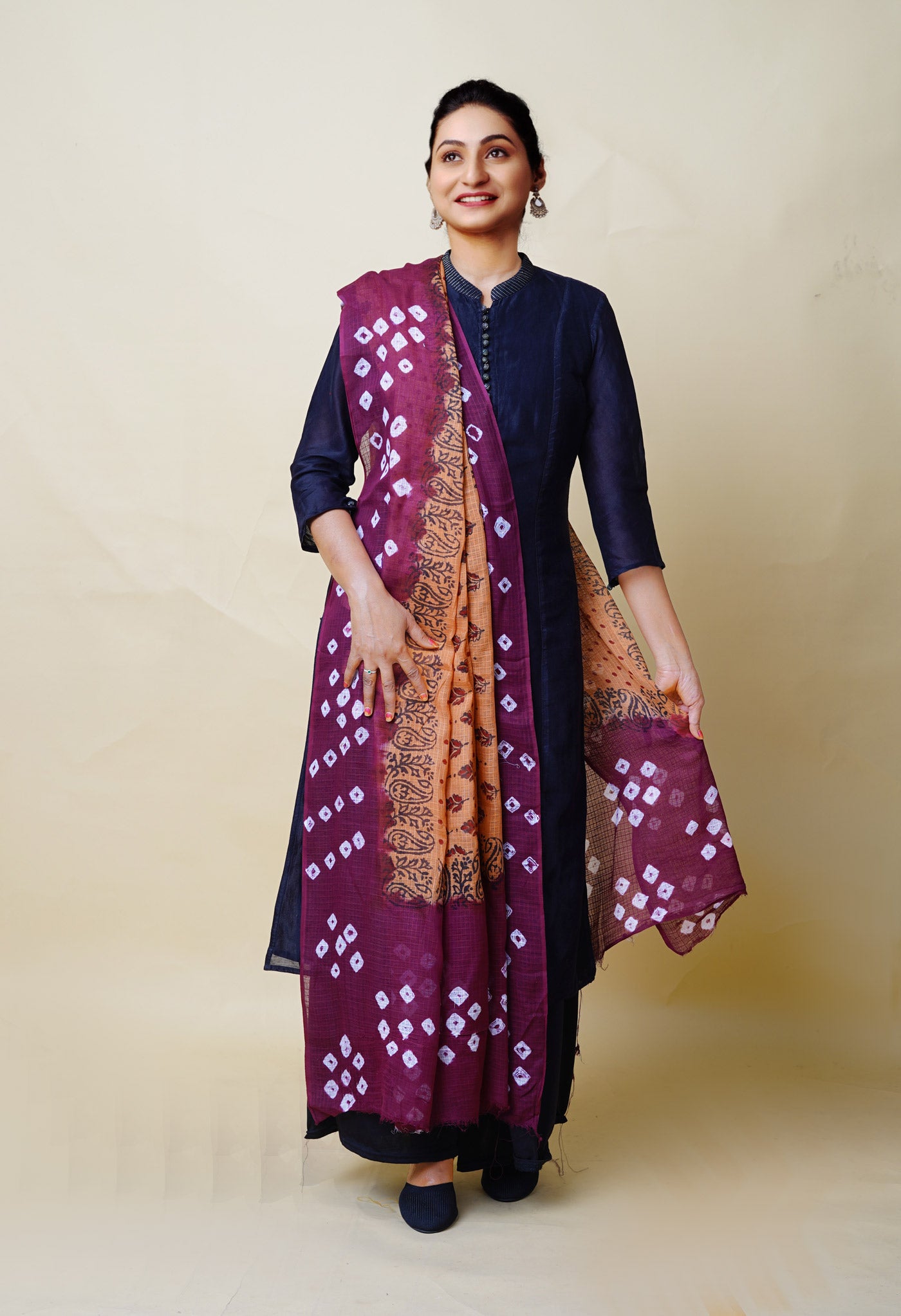 Brown-Dark Purple Pure Bandhani Block Printed Kota Dupatta