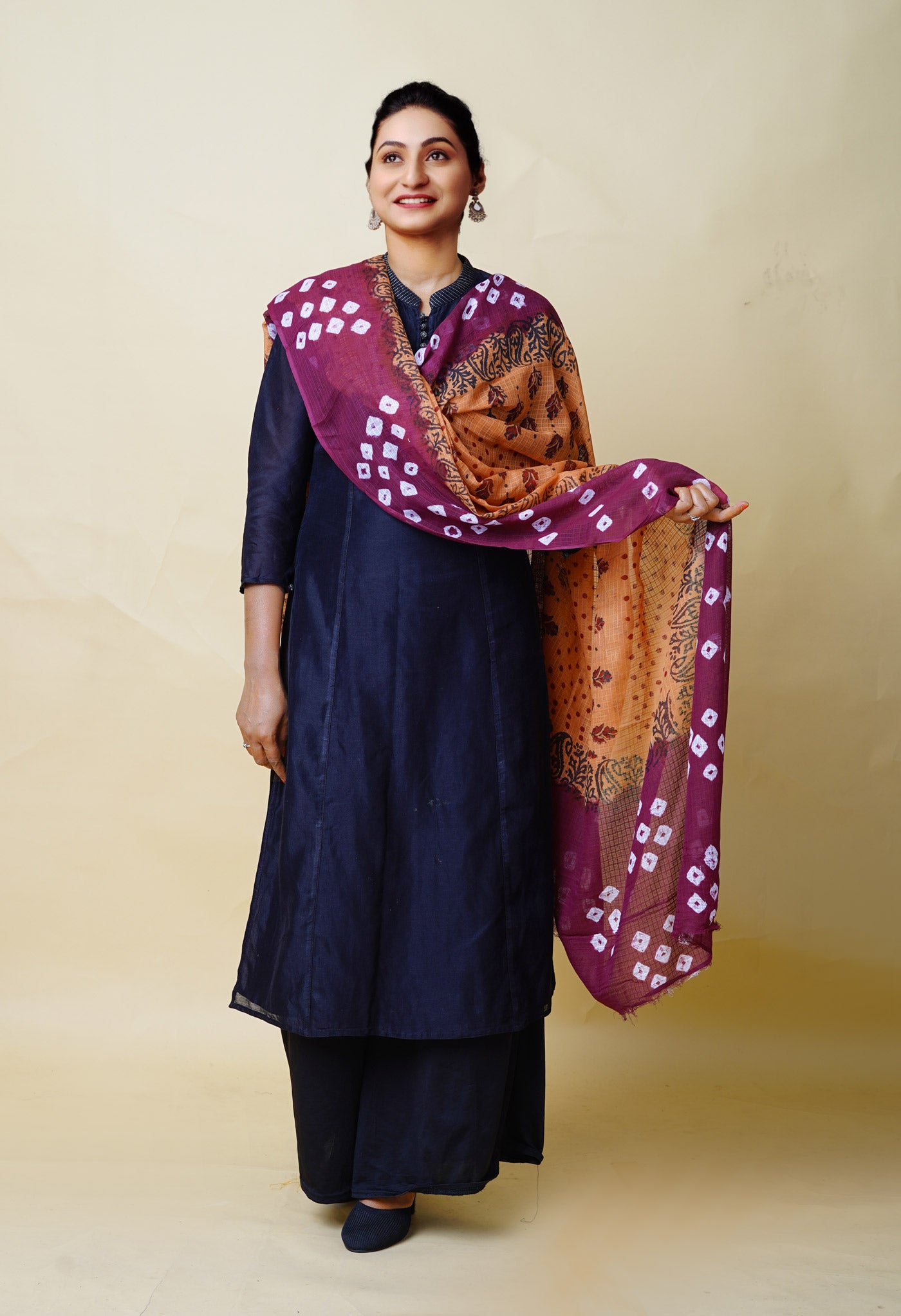 Brown-Dark Purple Pure Bandhani Block Printed Kota Dupatta