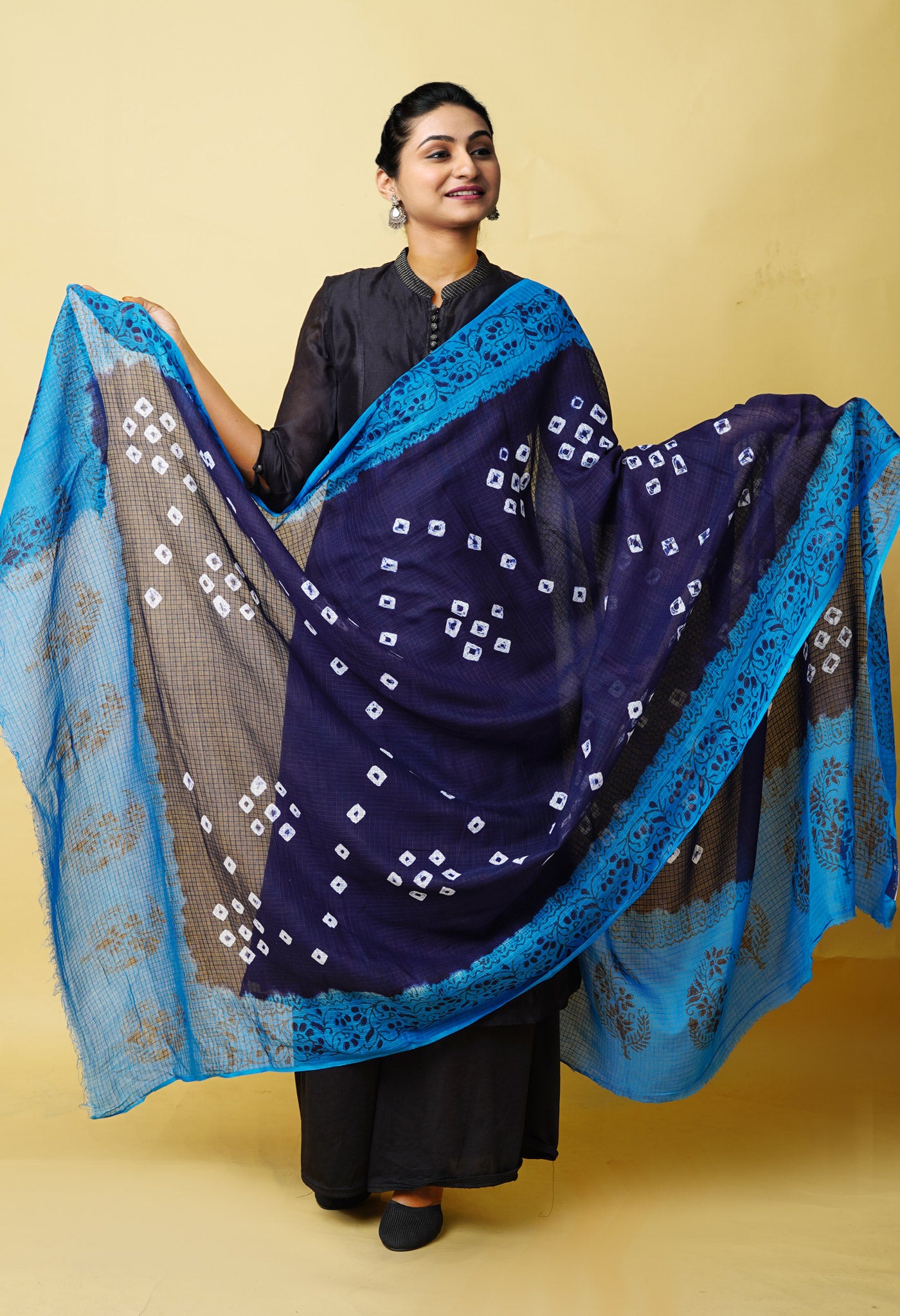 Navy Blue-Blue Pure Bandhani Block Printed Kota Dupatta