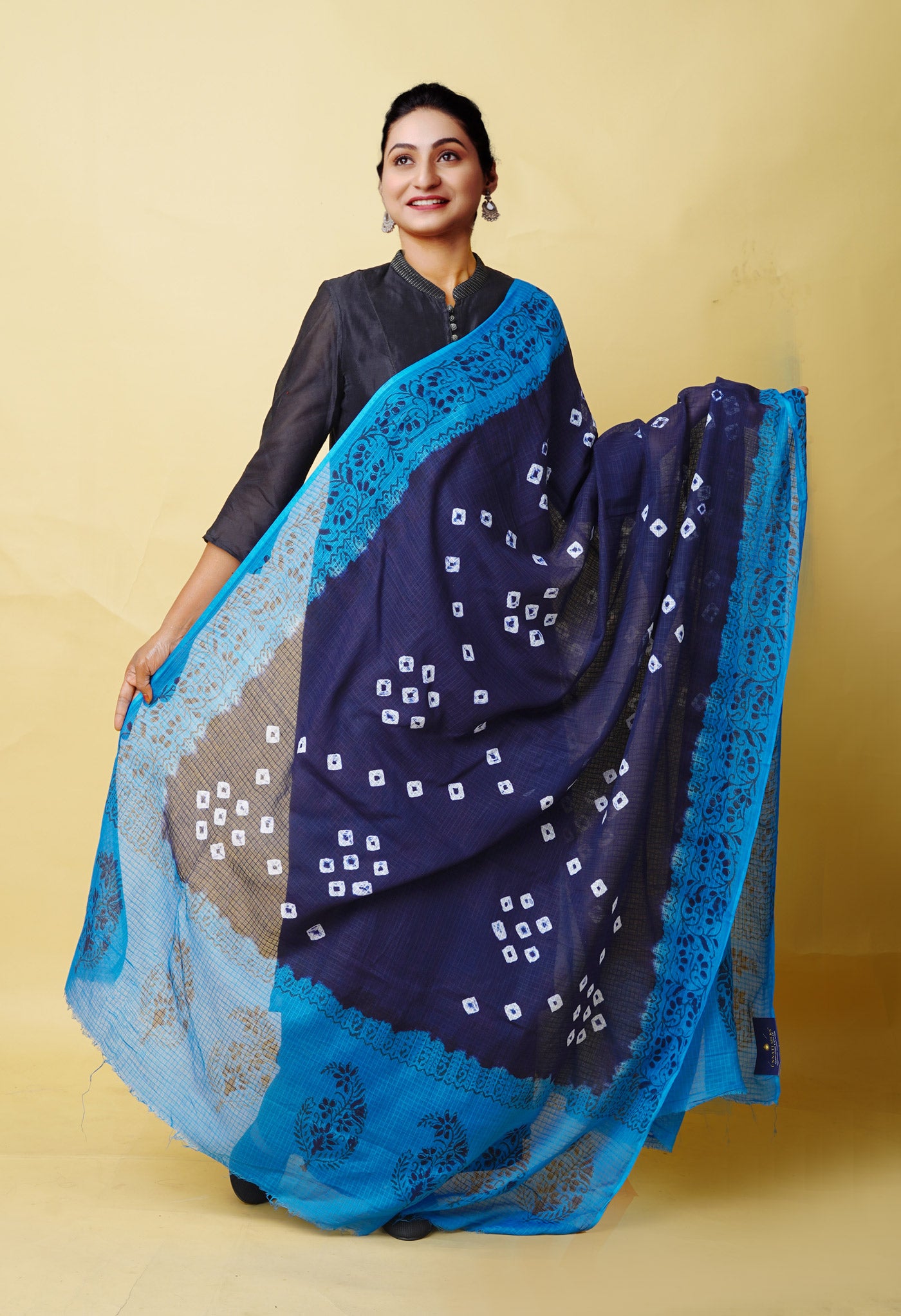 Navy Blue-Blue Pure Bandhani Block Printed Kota Dupatta