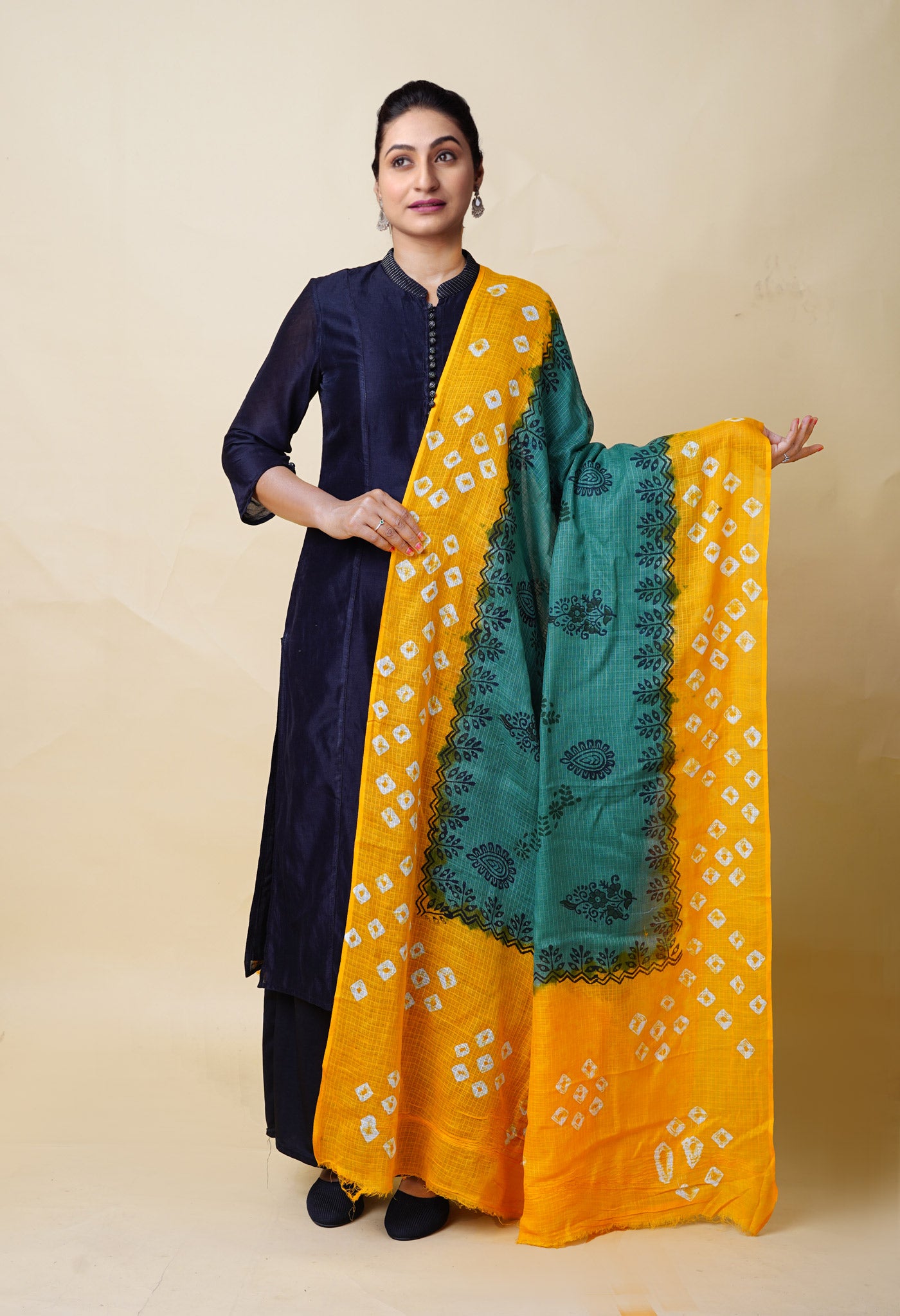 Green-Yellow Pure Bandhani Block Printed Kota Dupatta-UDS5866