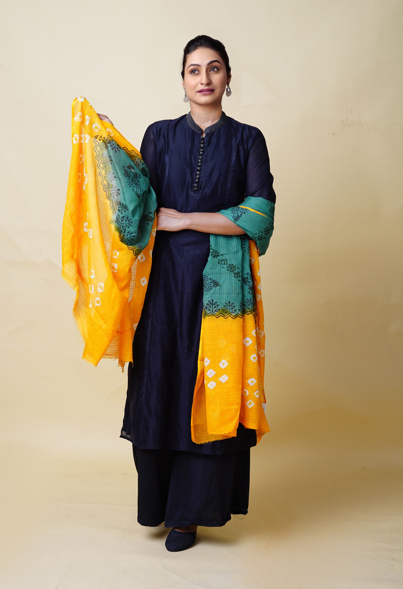 Green-Yellow Pure Bandhani Block Printed Kota Dupatta-UDS5866