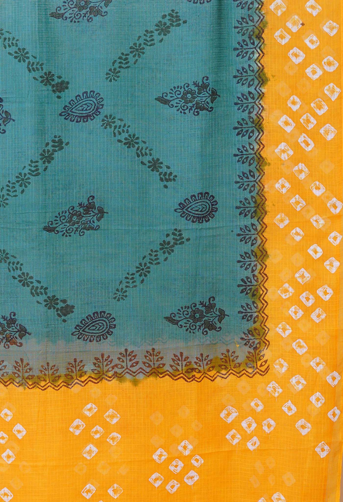 Green-Yellow Pure Bandhani Block Printed Kota Dupatta-UDS5866