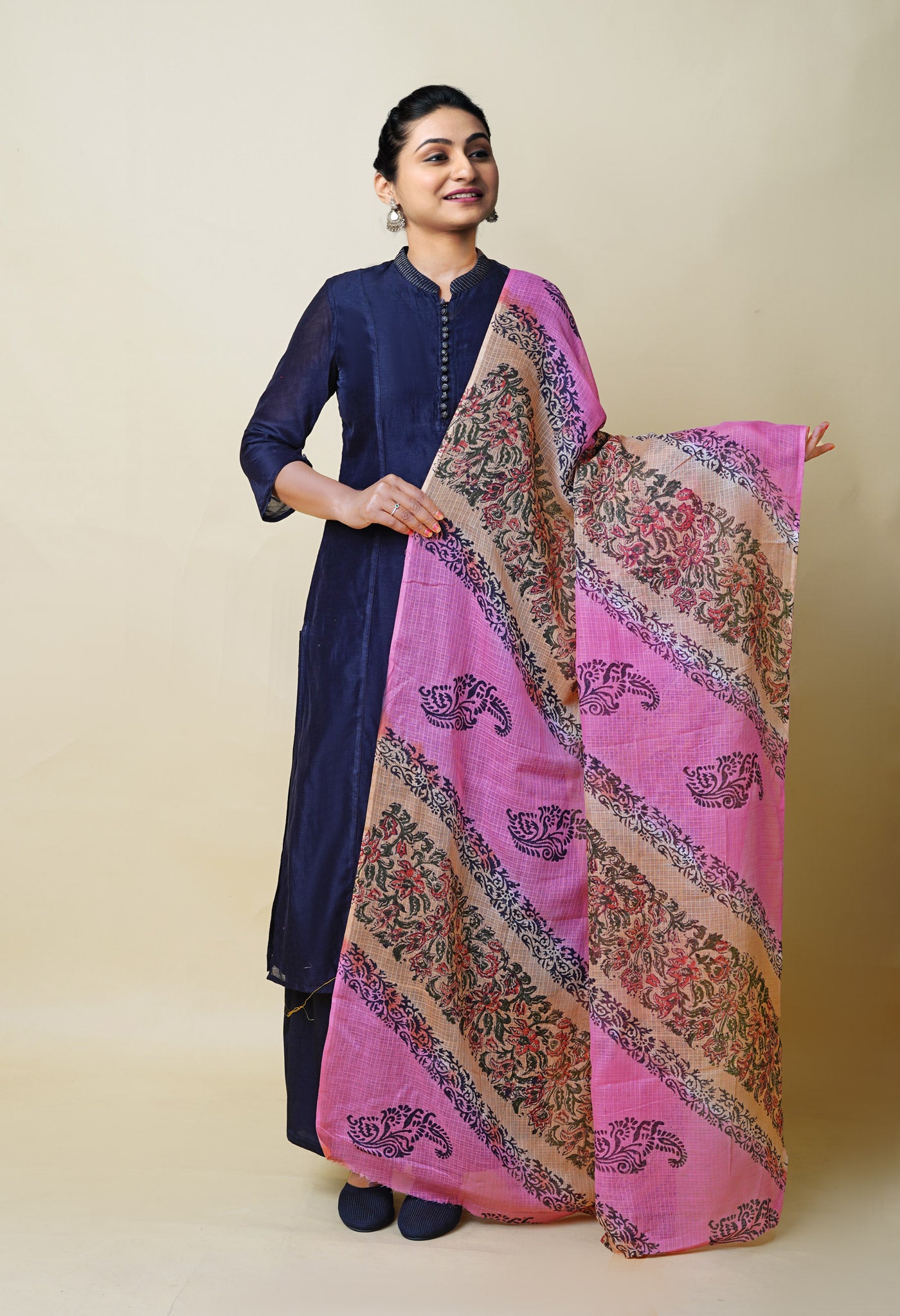 Pink-Brown Pure Block Printed Kota Dupatta