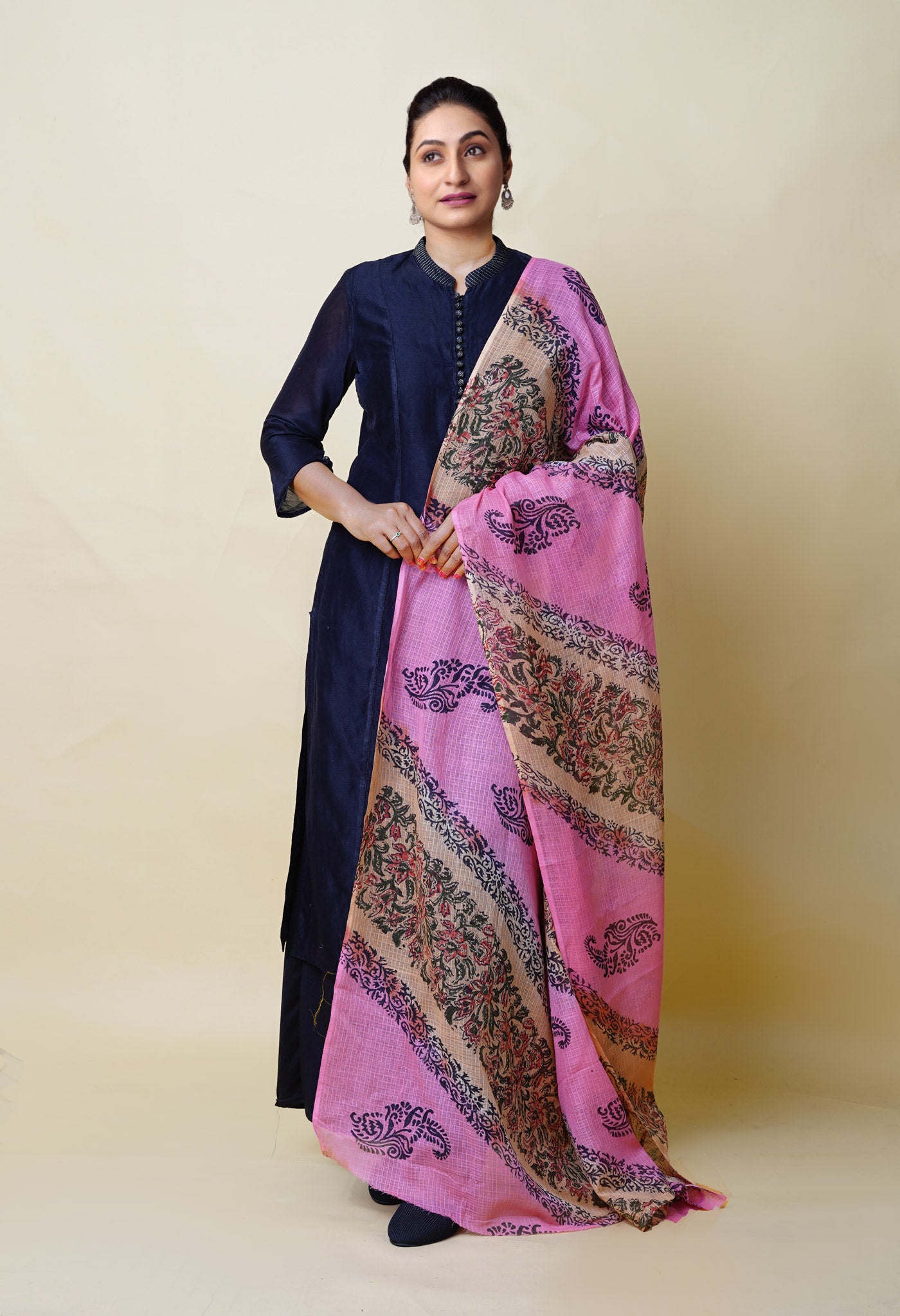 Pink-Brown Pure Block Printed Kota Dupatta