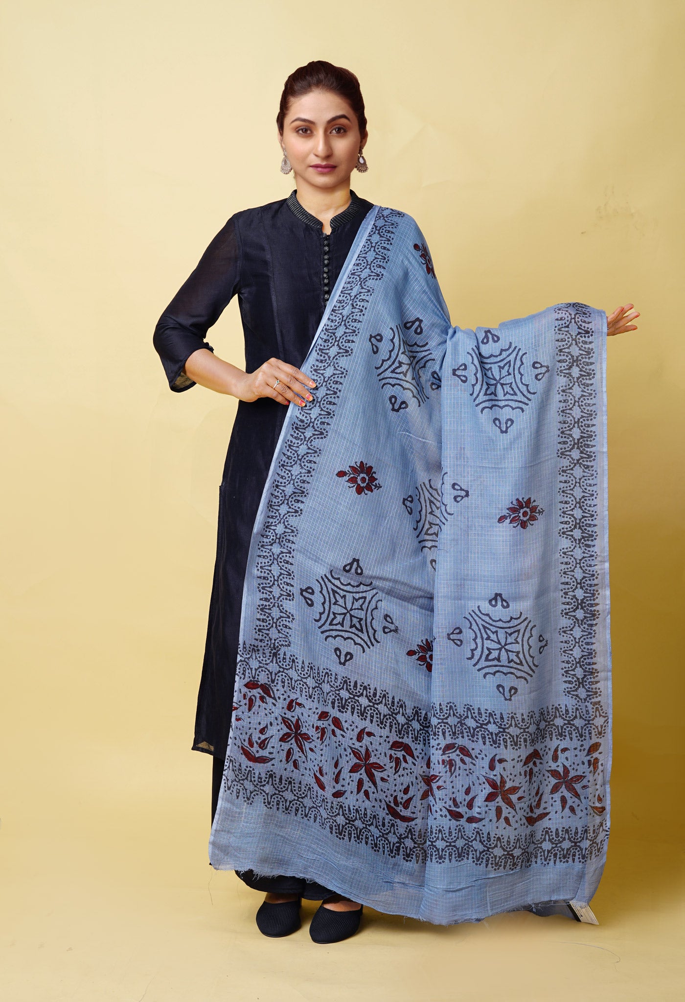 Grey Pure Block Printed Kota Dupatta