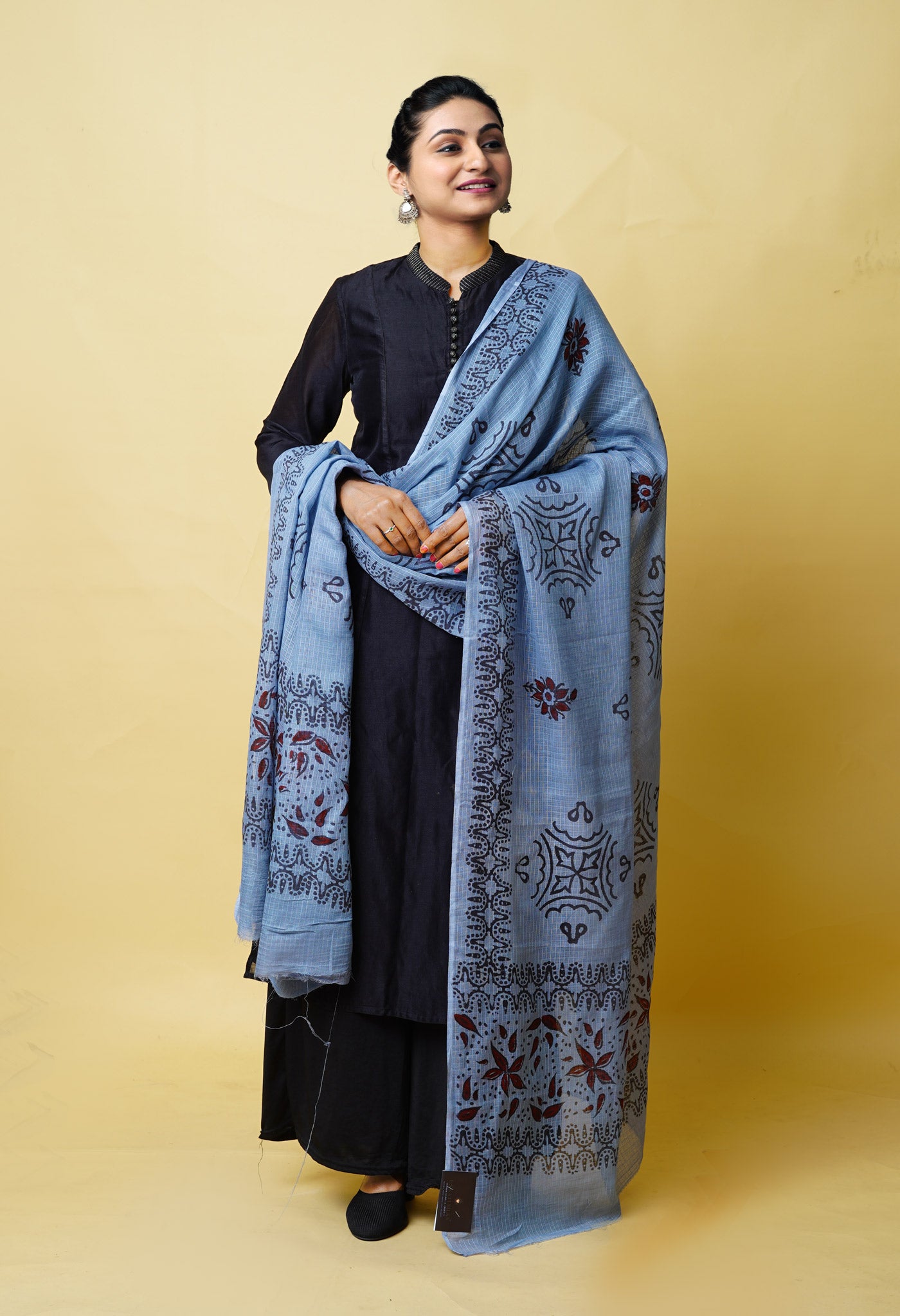 Grey Pure Block Printed Kota Dupatta