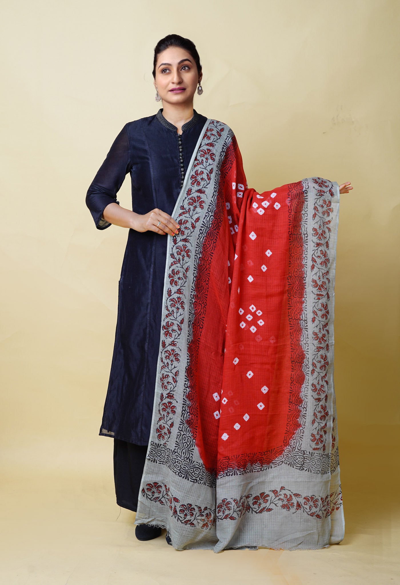 Red-Grey Pure Bandhani Block Printed Kota Dupatta