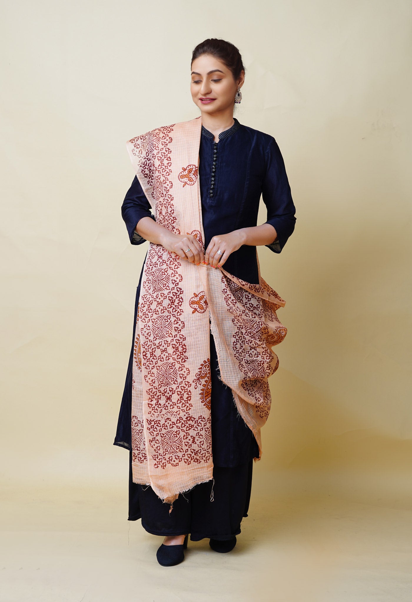 Cream Pure Block Printed Kota Dupatta-UDS5880