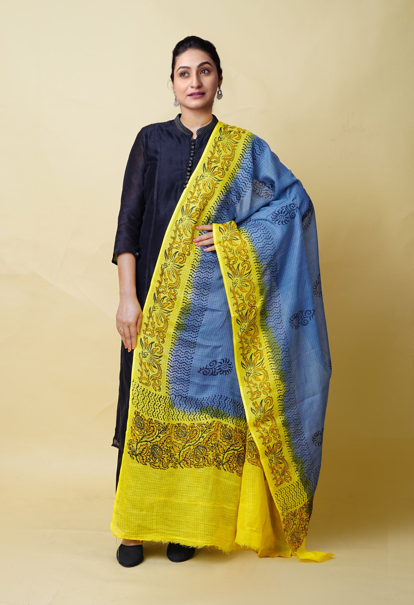 Grey-Yellow Pure Block Printed Kota Dupatta