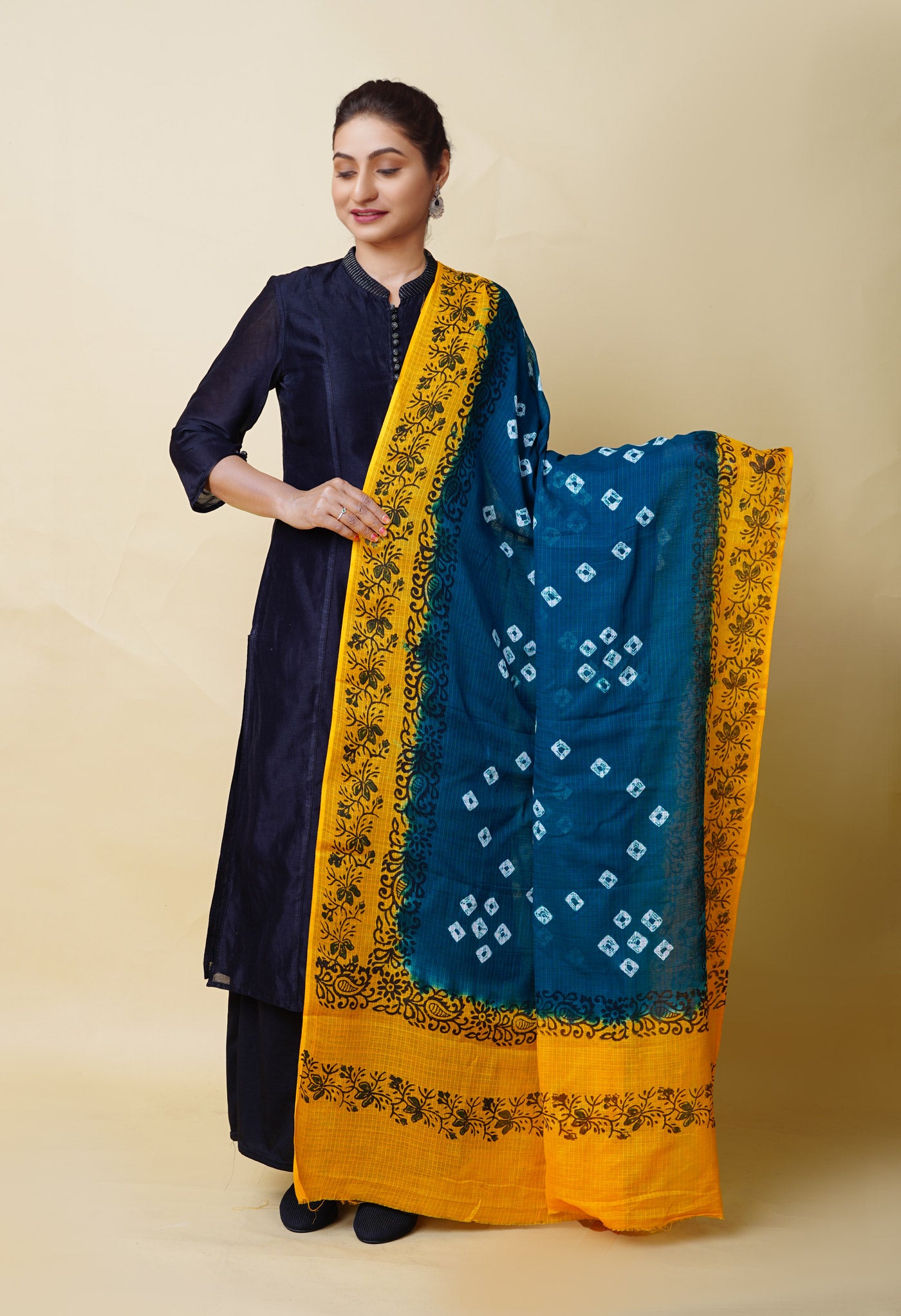 Green-Yellow Pure Bandhani Block Printed Kota Dupatta-UDS5882