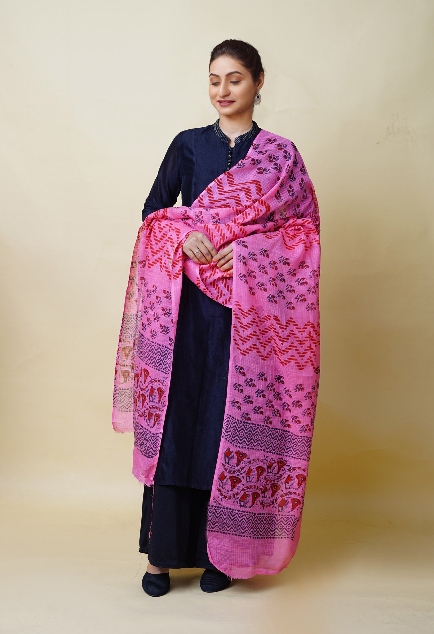 Pink Pure Block Printed Kota Dupatta