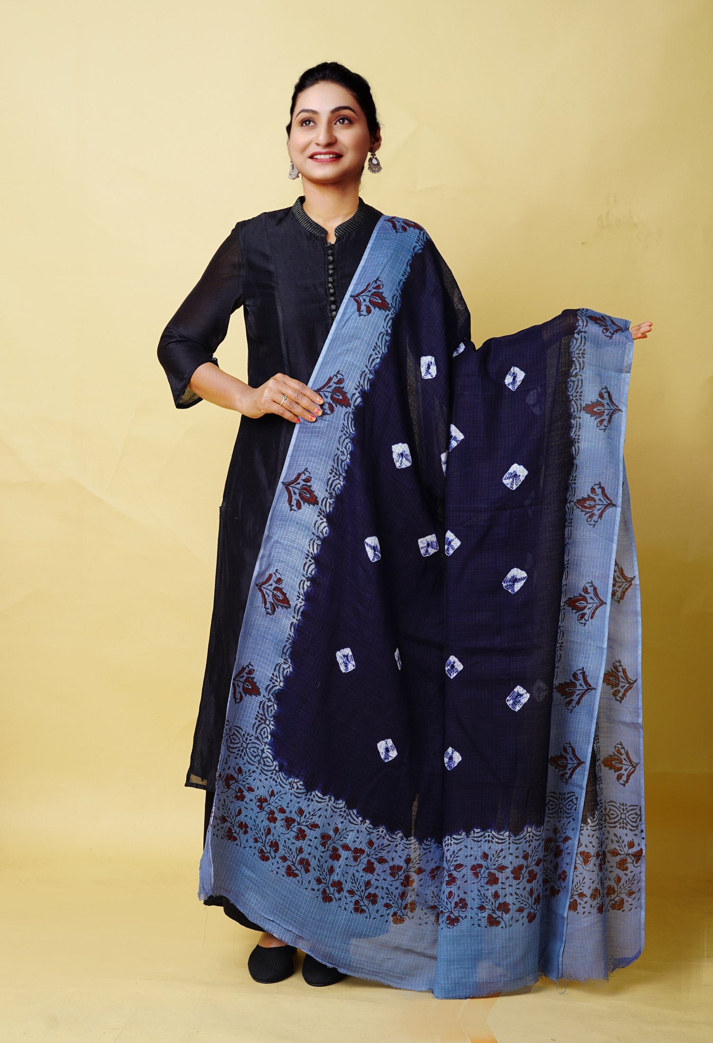 Navy Blue-Grey Pure Bandhani Block Printed Kota Dupatta