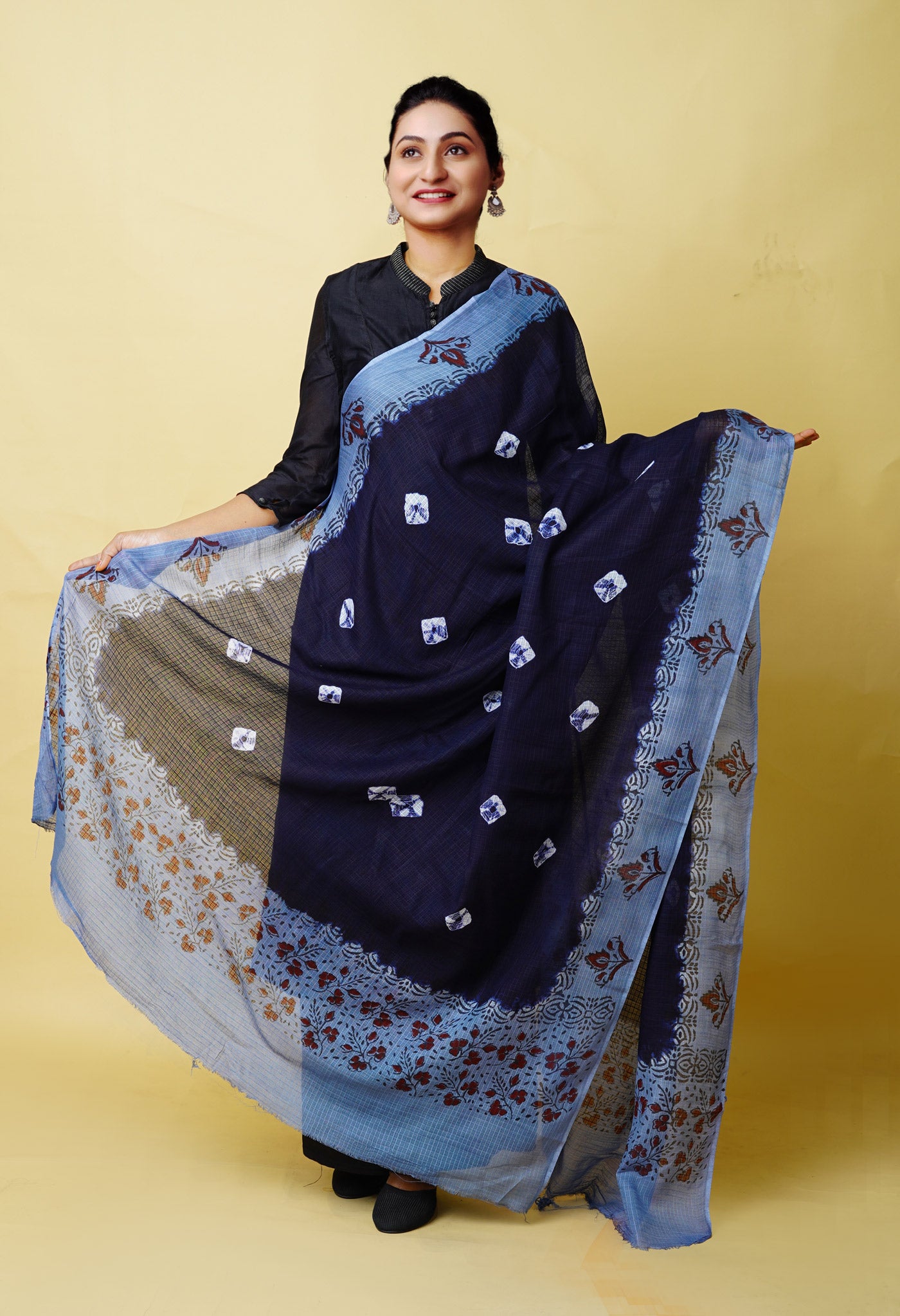 Navy Blue-Grey Pure Bandhani Block Printed Kota Dupatta