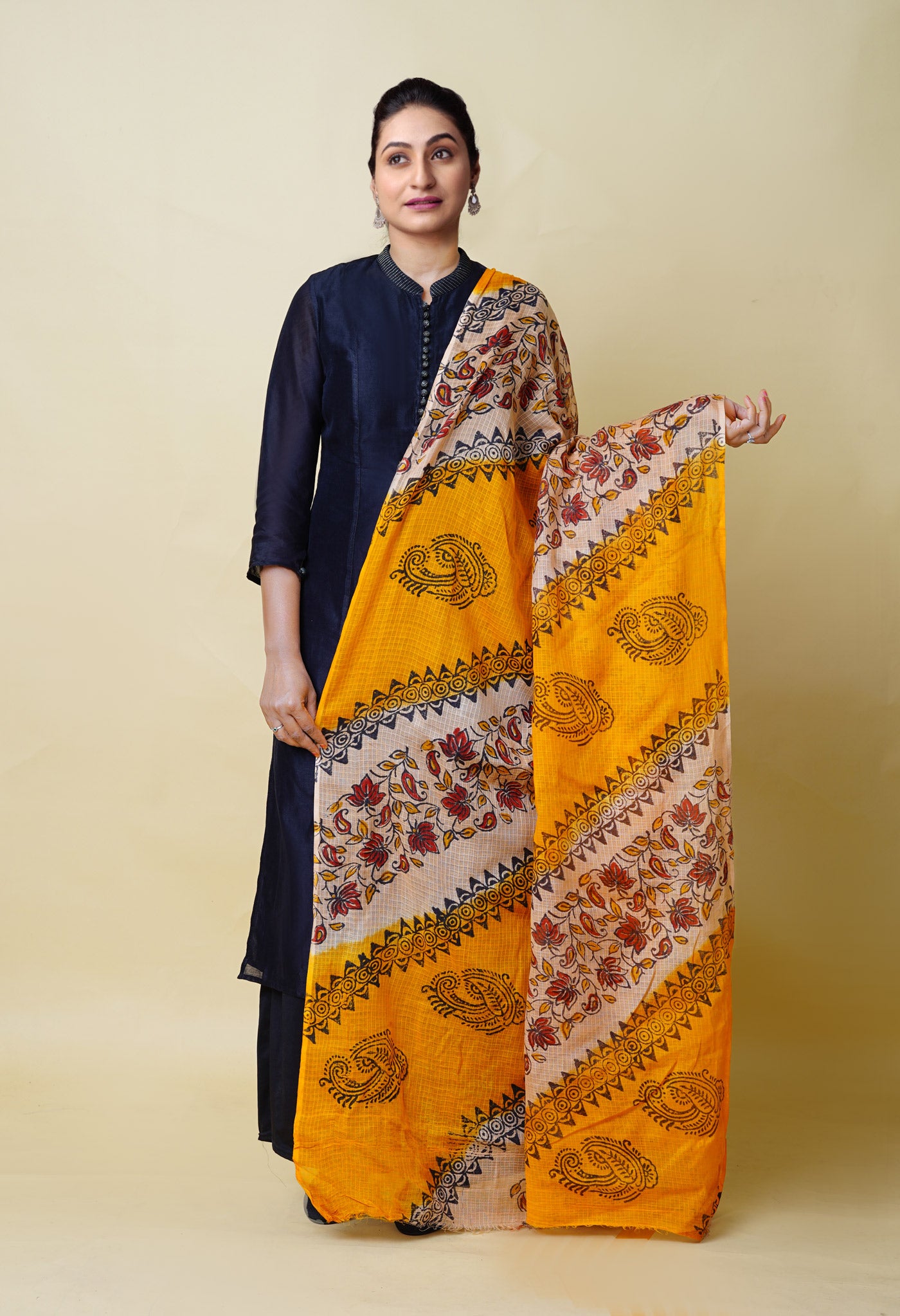 Yellow-Cream Pure Block Printed Kota Dupatta