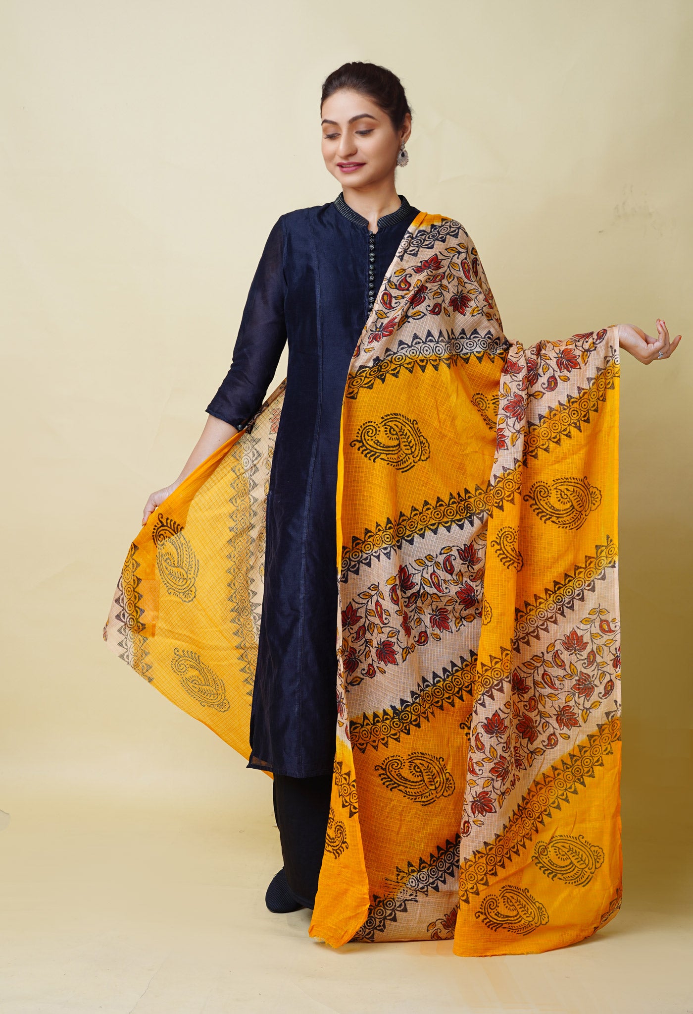 Yellow-Cream Pure Block Printed Kota Dupatta