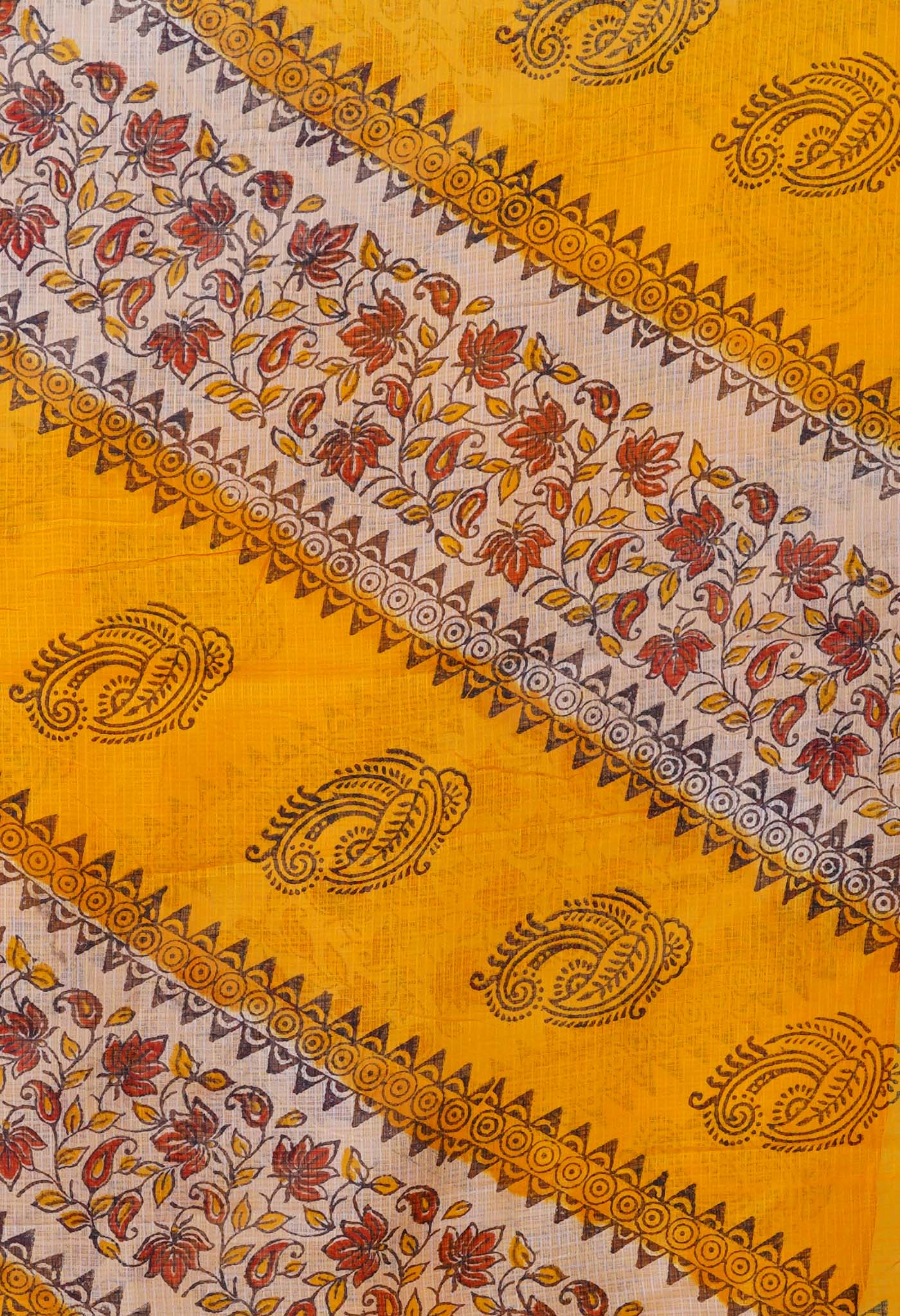 Yellow-Cream Pure Block Printed Kota Dupatta