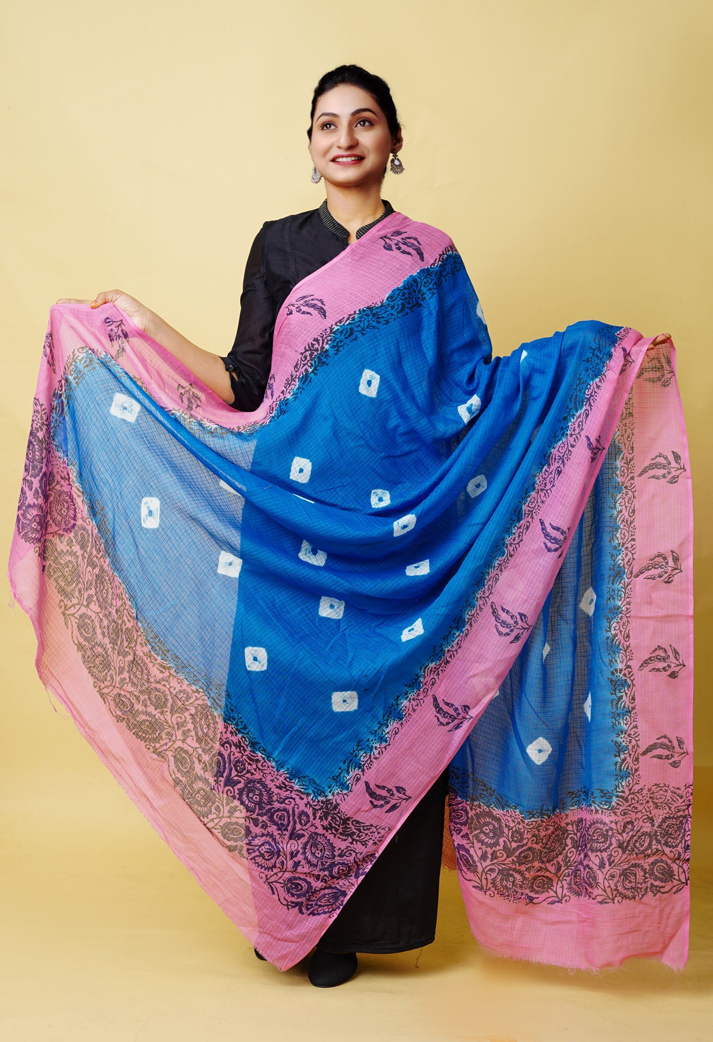 Blue-Pink Pure Bandhani Block Printed Kota Dupatta