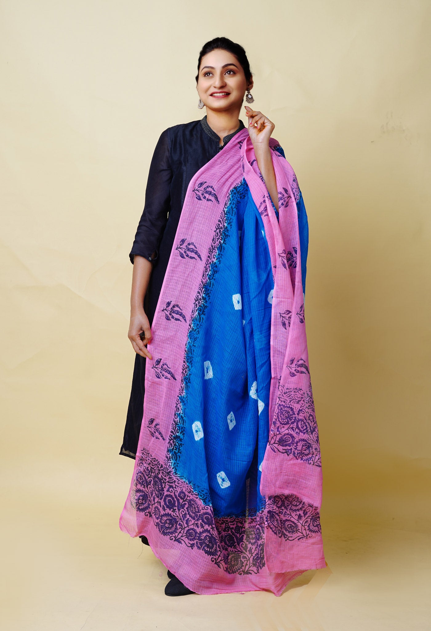 Blue-Pink Pure Bandhani Block Printed Kota Dupatta