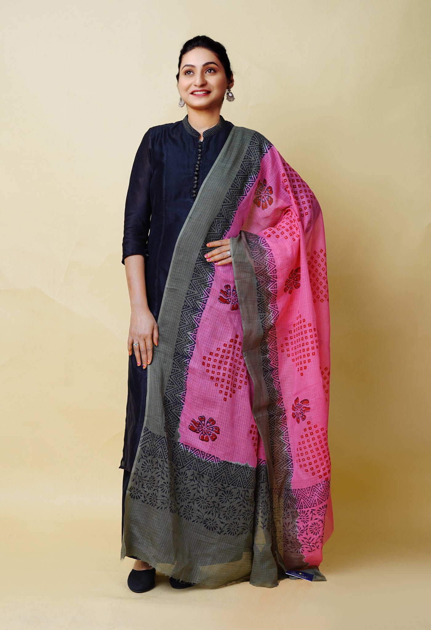 Pink-Grey Pure Block Printed Kota Dupatta