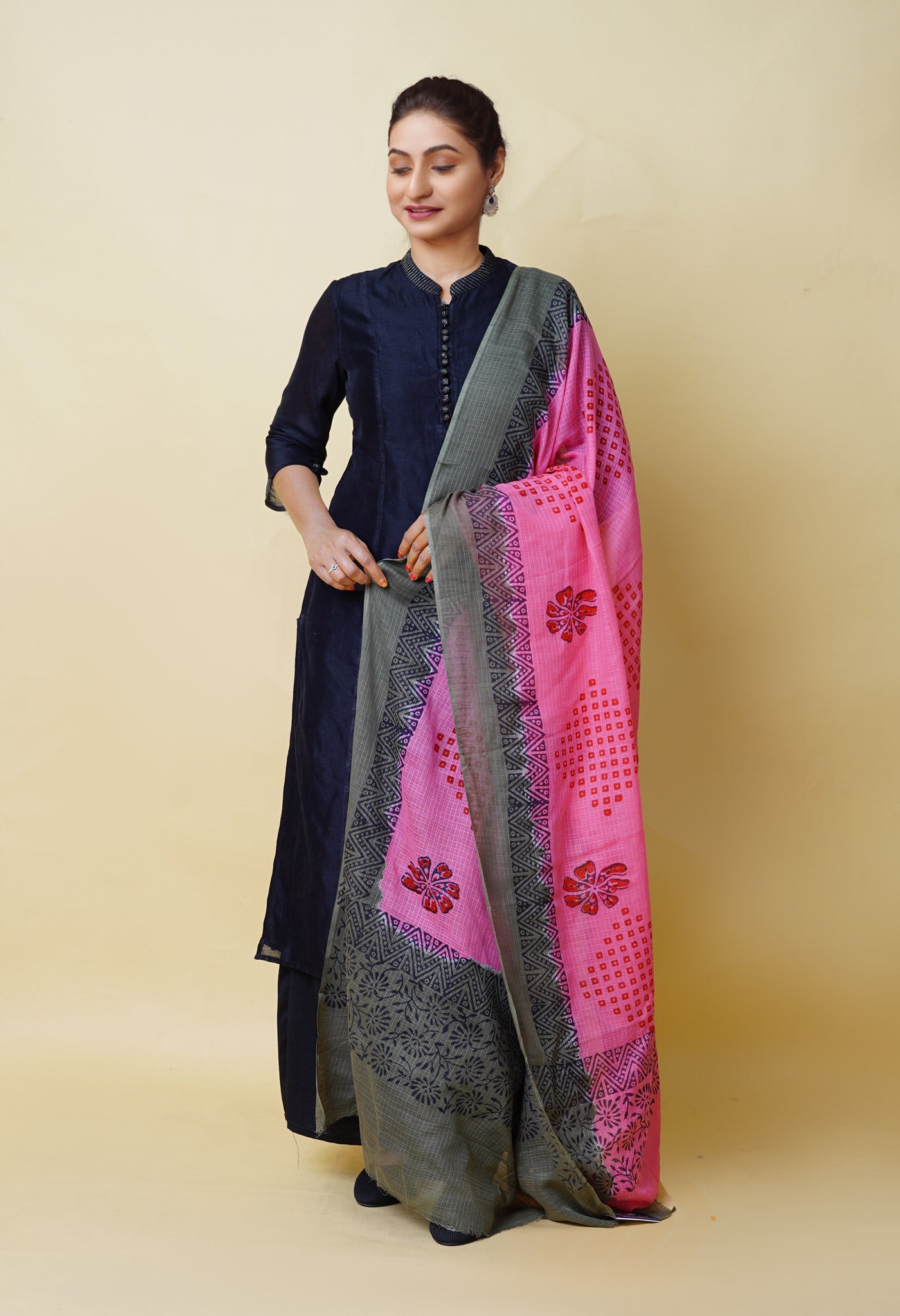 Pink-Grey Pure Block Printed Kota Dupatta