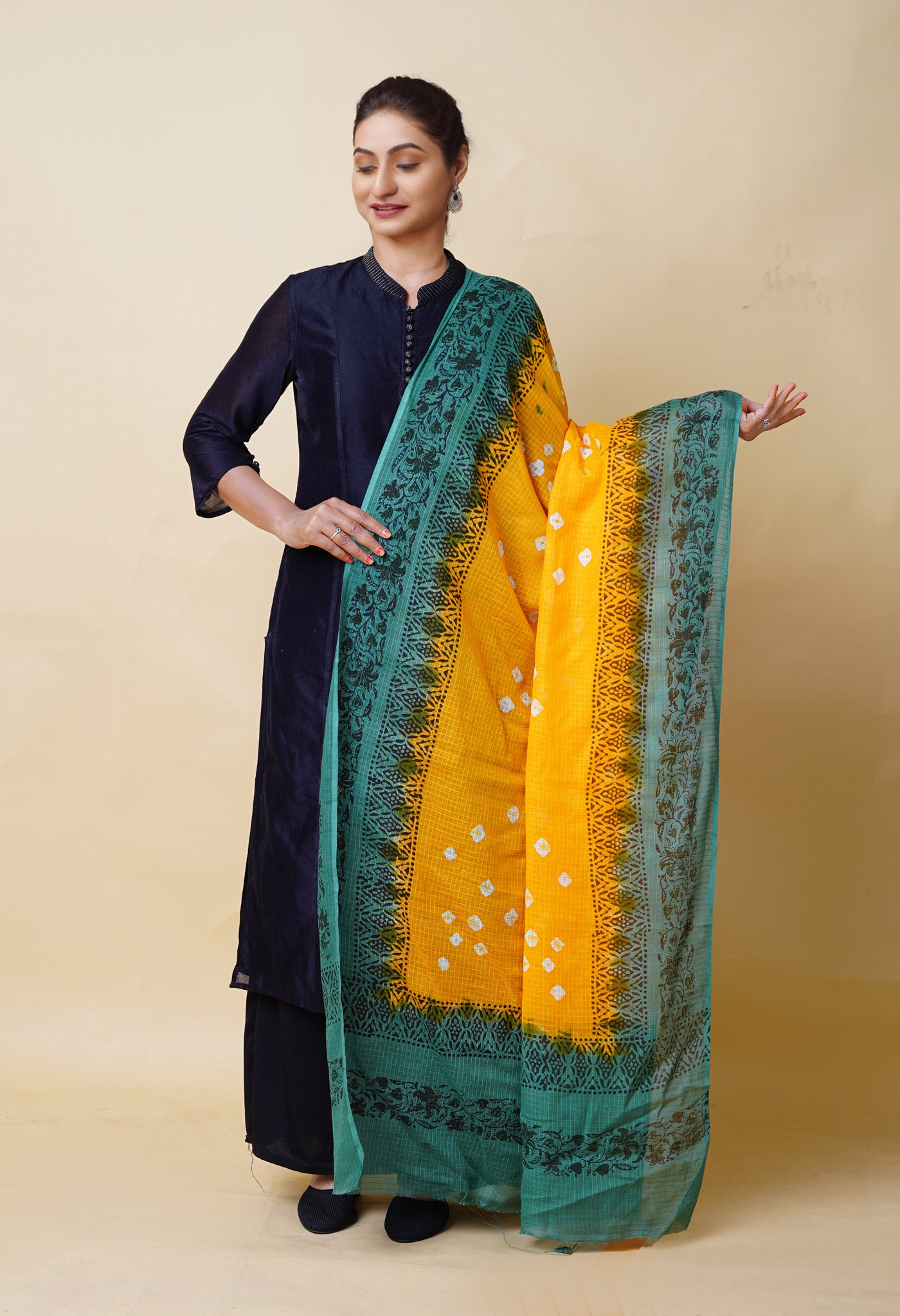 Yellow-Green Pure Bandhani Block Printed Kota Dupatta-UDS5888