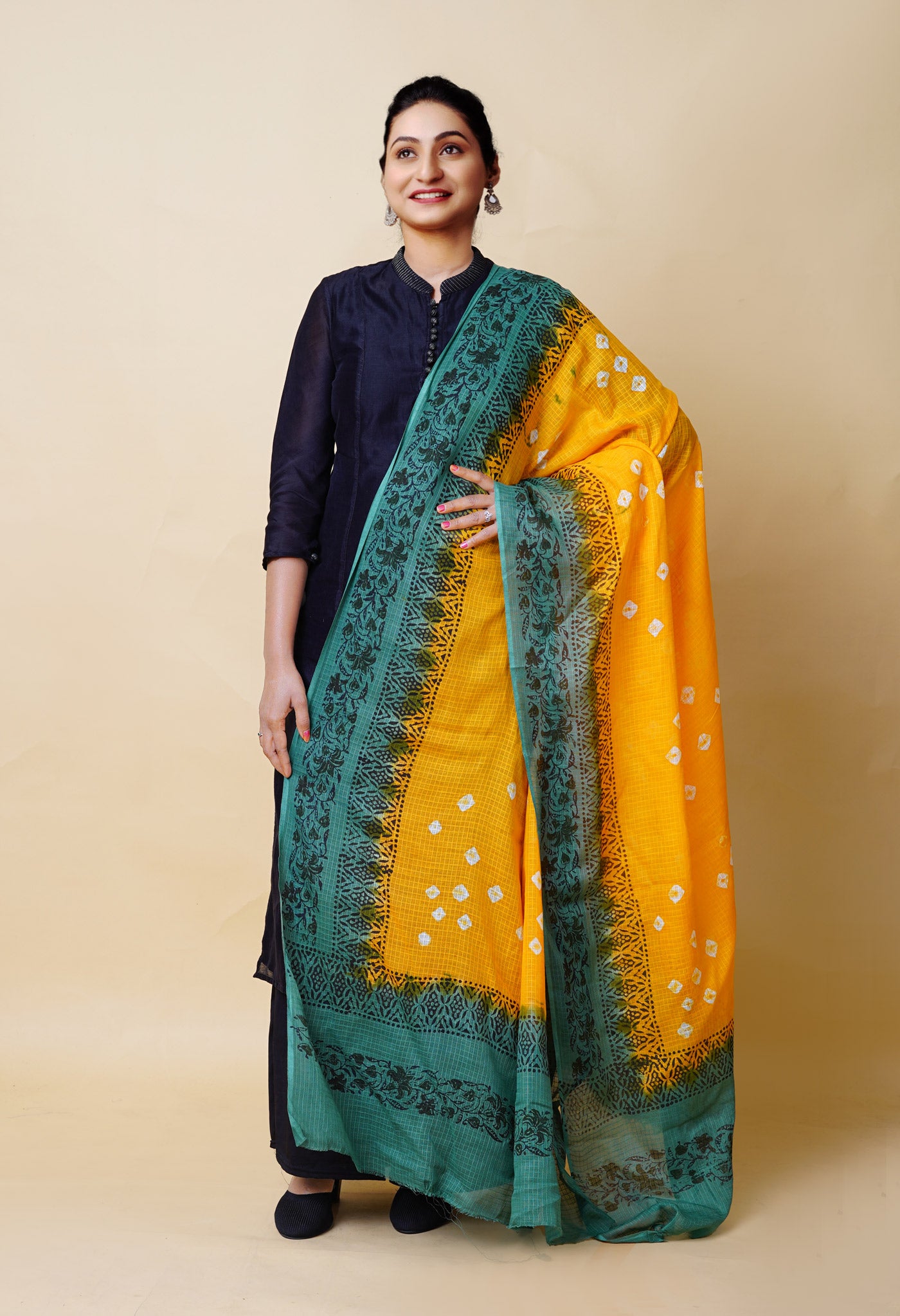 Yellow-Green Pure Bandhani Block Printed Kota Dupatta-UDS5888