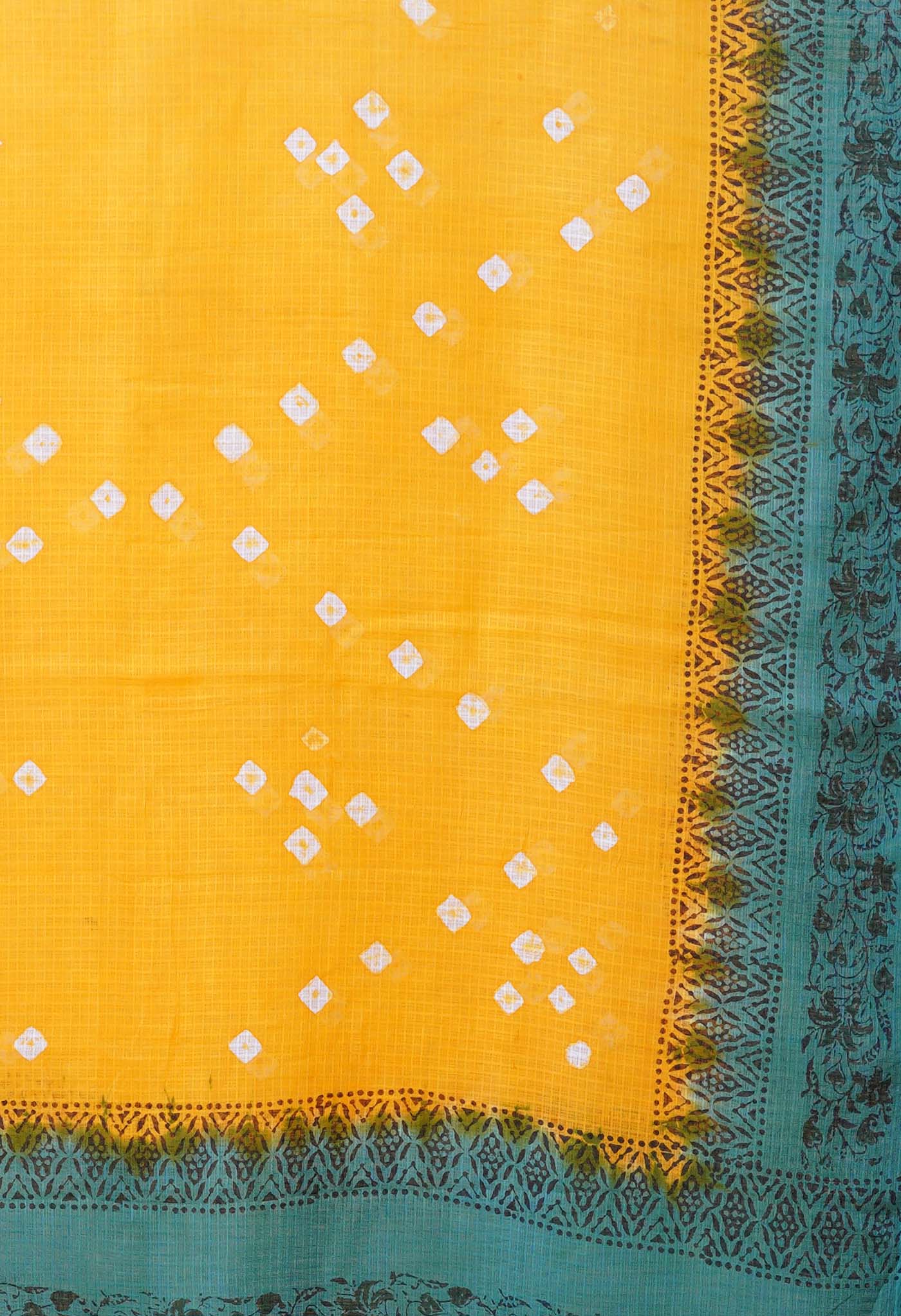 Yellow-Green Pure Bandhani Block Printed Kota Dupatta-UDS5888