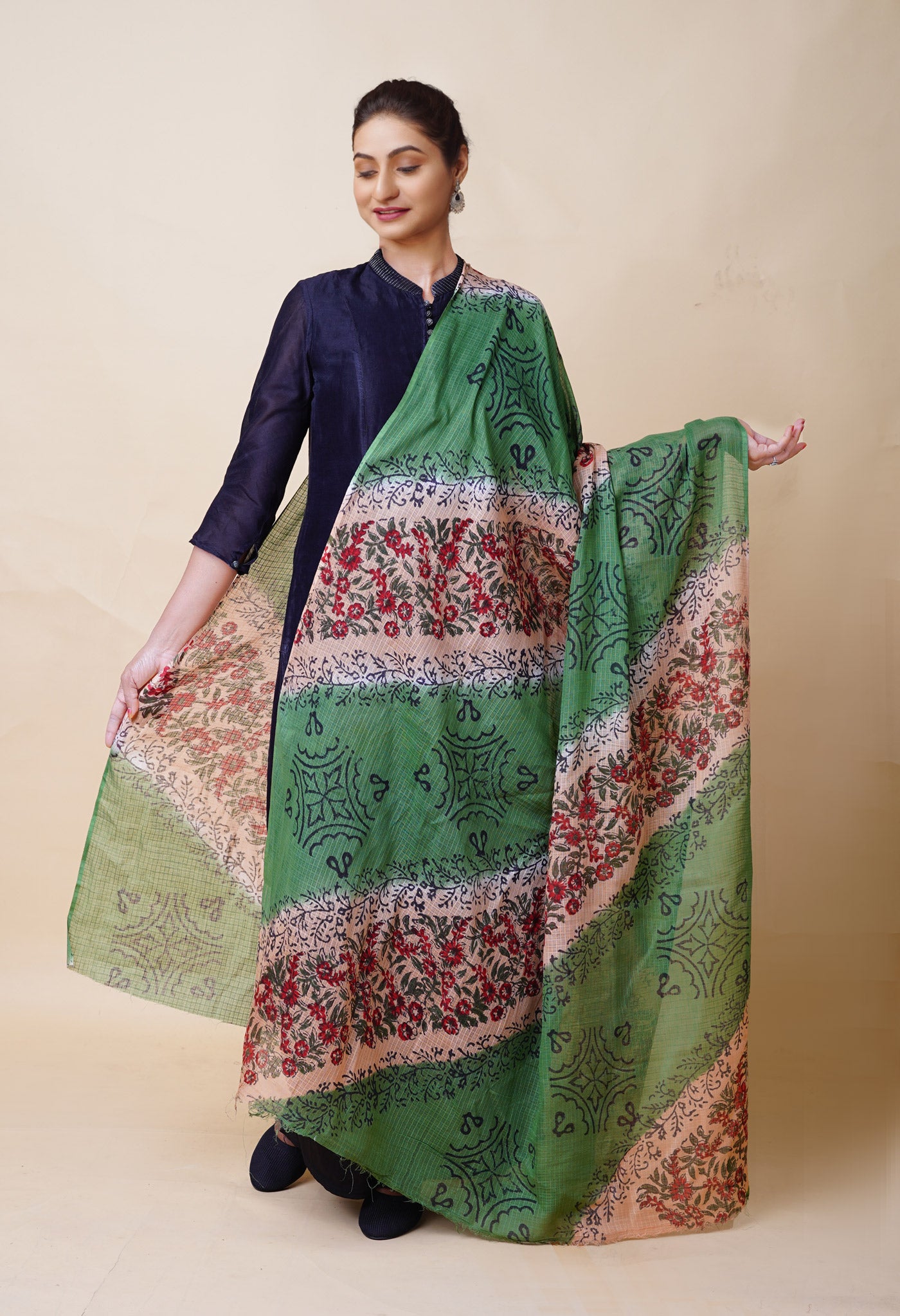 Brown-Green Pure Block Printed Kota Dupatta