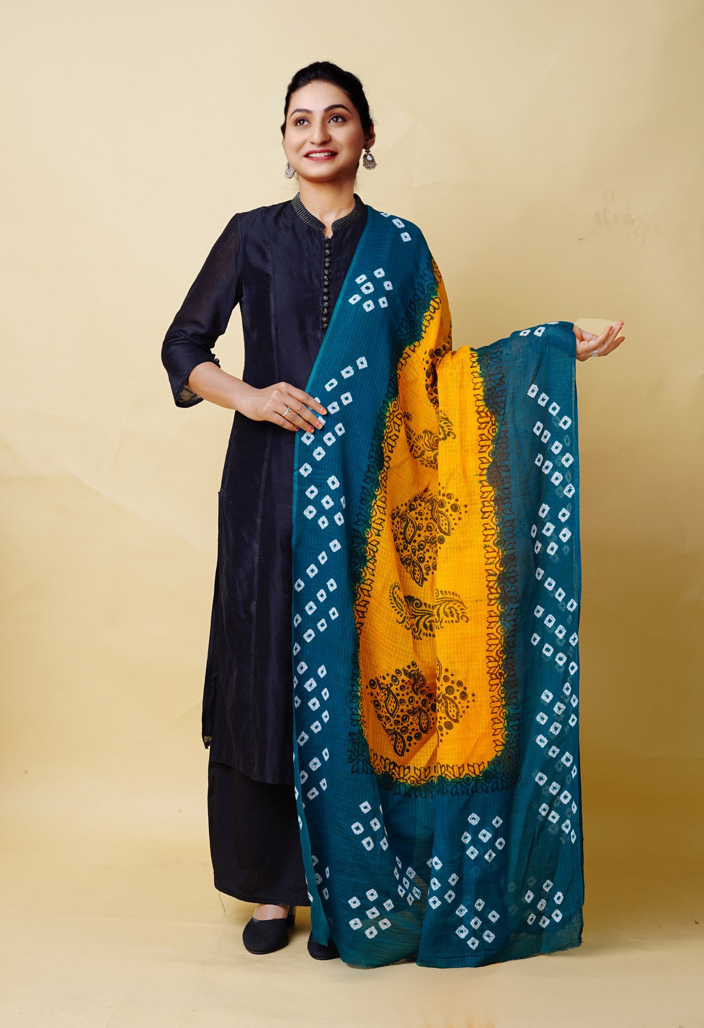 Yellow-Green Pure Bandhani Block Printed Kota Dupatta-UDS5890