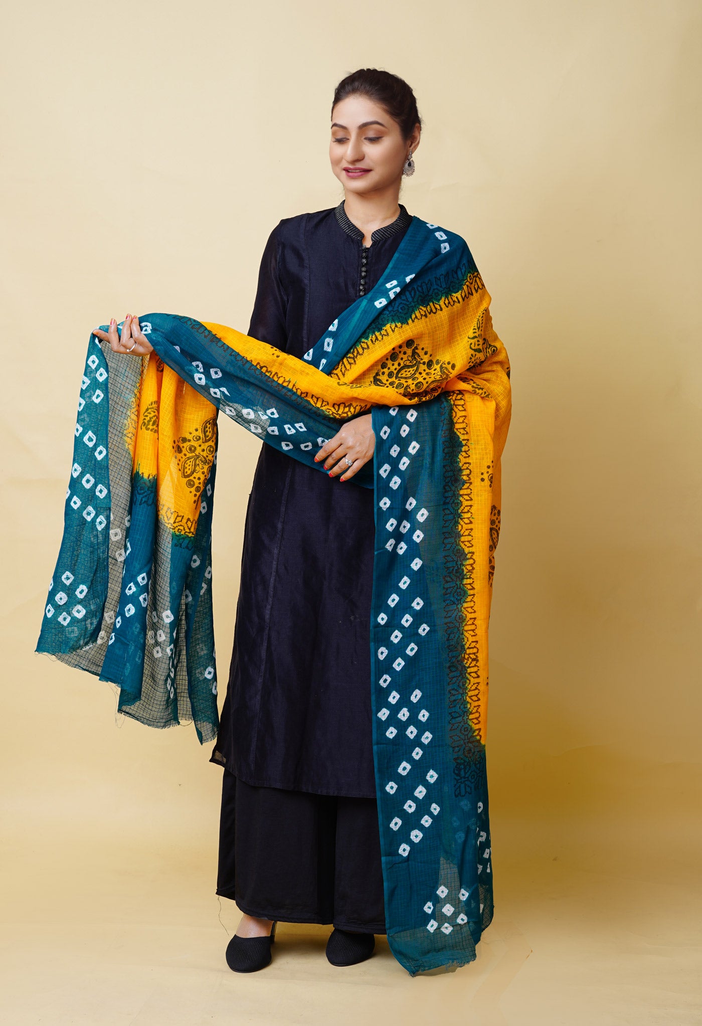 Yellow-Green Pure Bandhani Block Printed Kota Dupatta-UDS5890