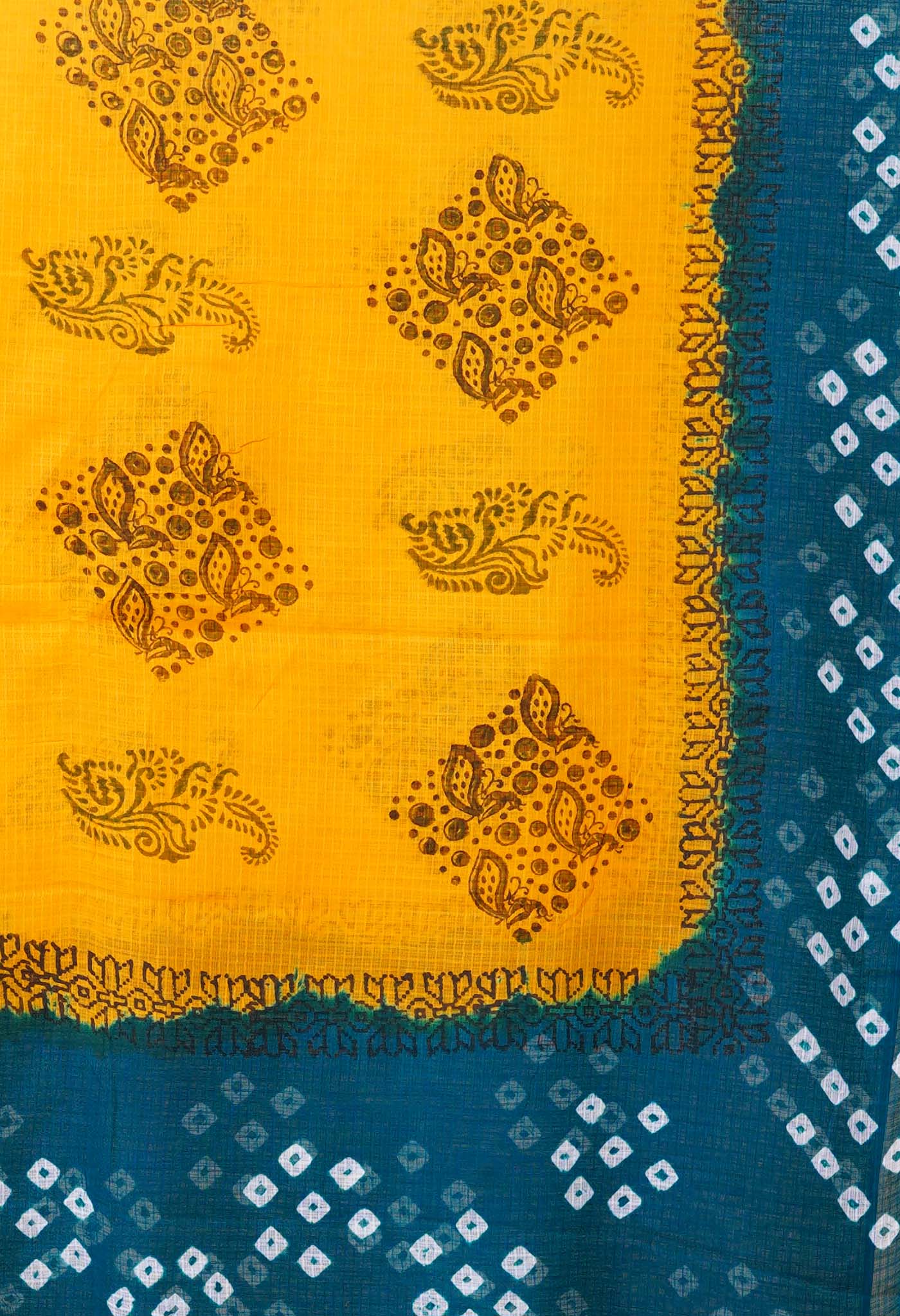 Yellow-Green Pure Bandhani Block Printed Kota Dupatta-UDS5890