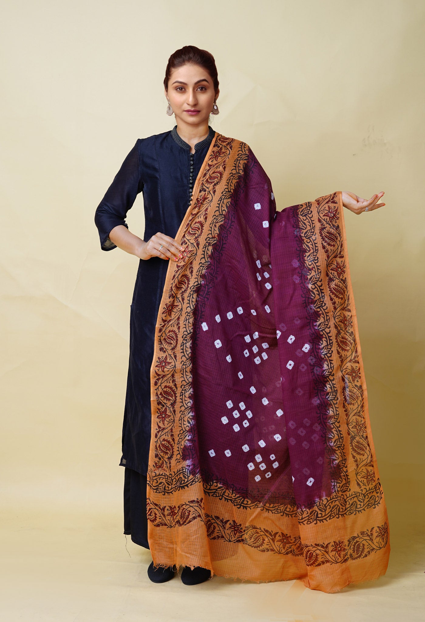 Dark Purple-Brown Pure Bandhani Block Printed Kota Dupatta-UDS5891