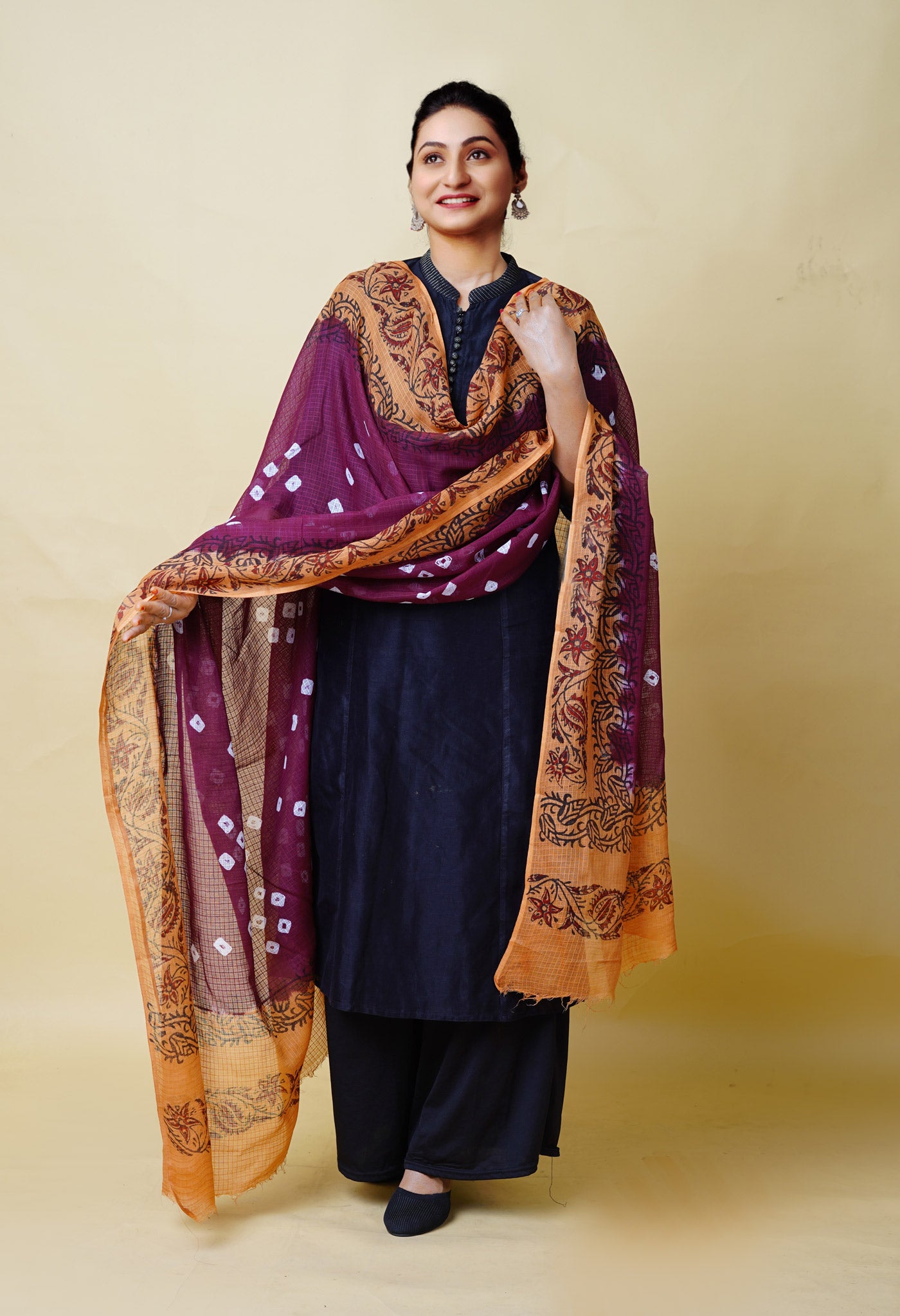 Dark Purple-Brown Pure Bandhani Block Printed Kota Dupatta-UDS5891