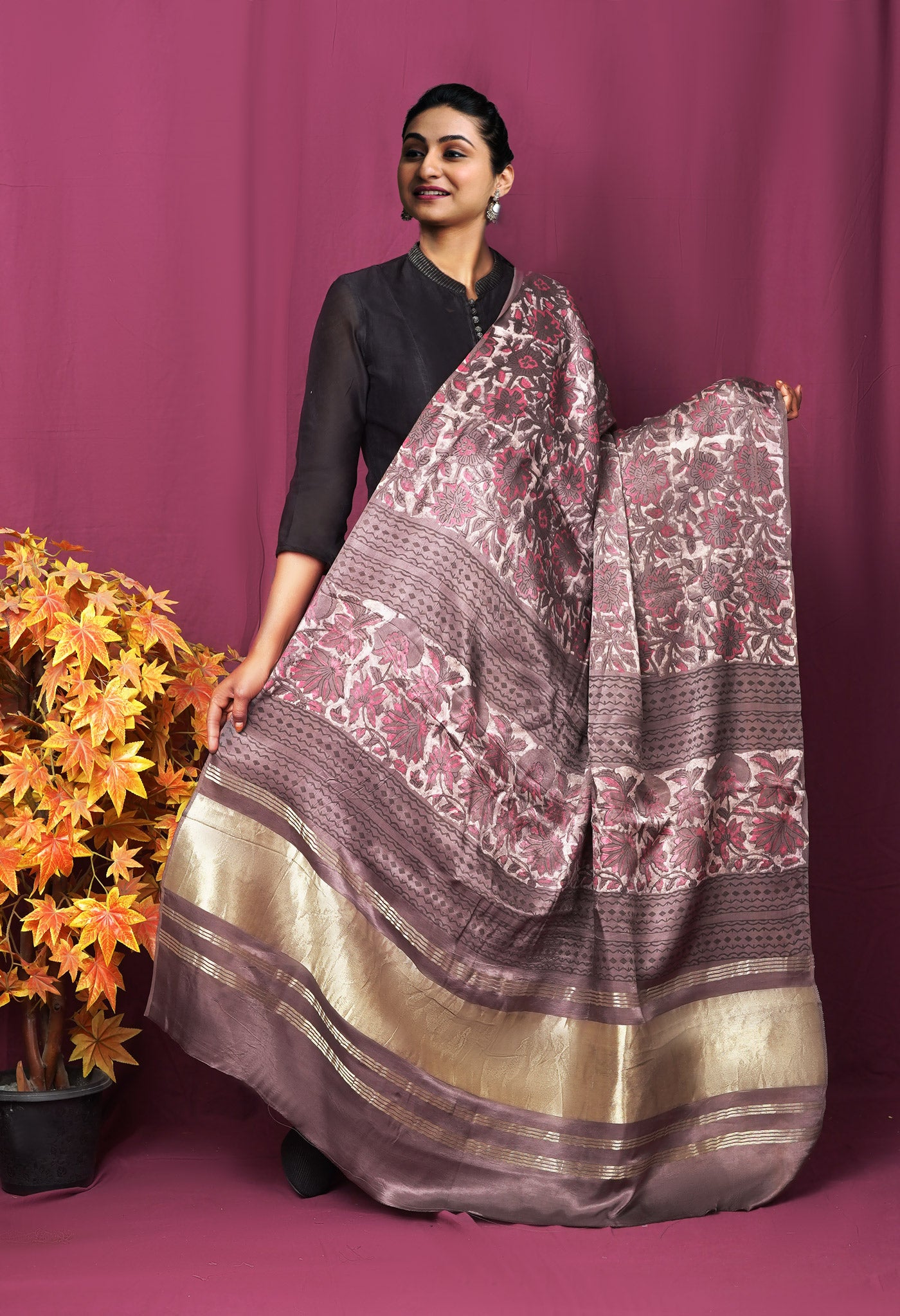 Grey Pure Vanaspathi Block Printed Gaji Silk Dupatta-UDS5892