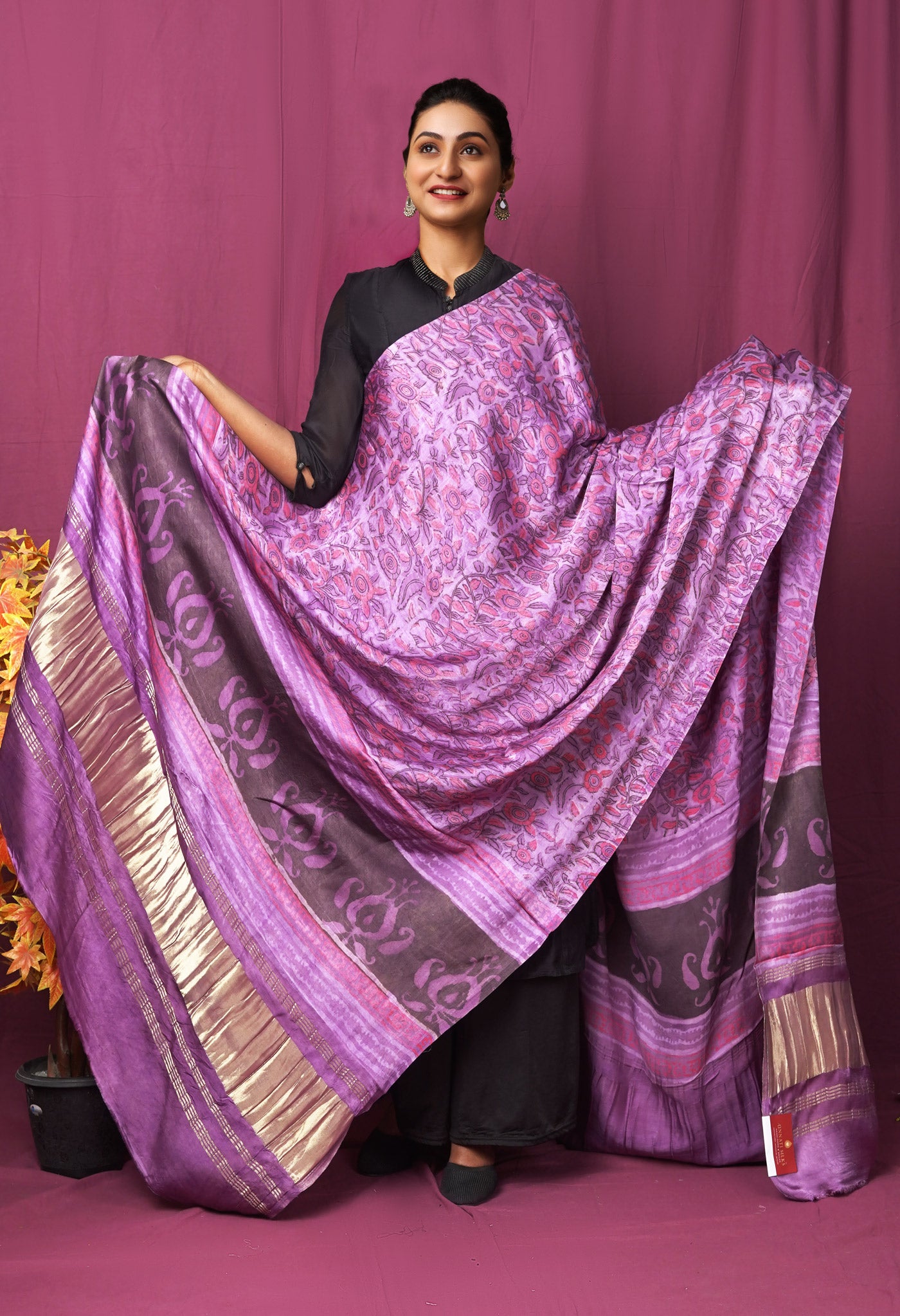 Lavender Pure Vanaspathi Block Printed Gaji Silk Dupatta-UDS5894