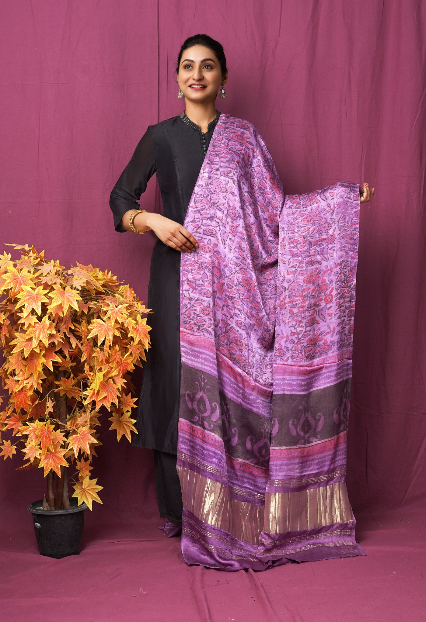 Lavender Pure Vanaspathi Block Printed Gaji Silk Dupatta-UDS5894