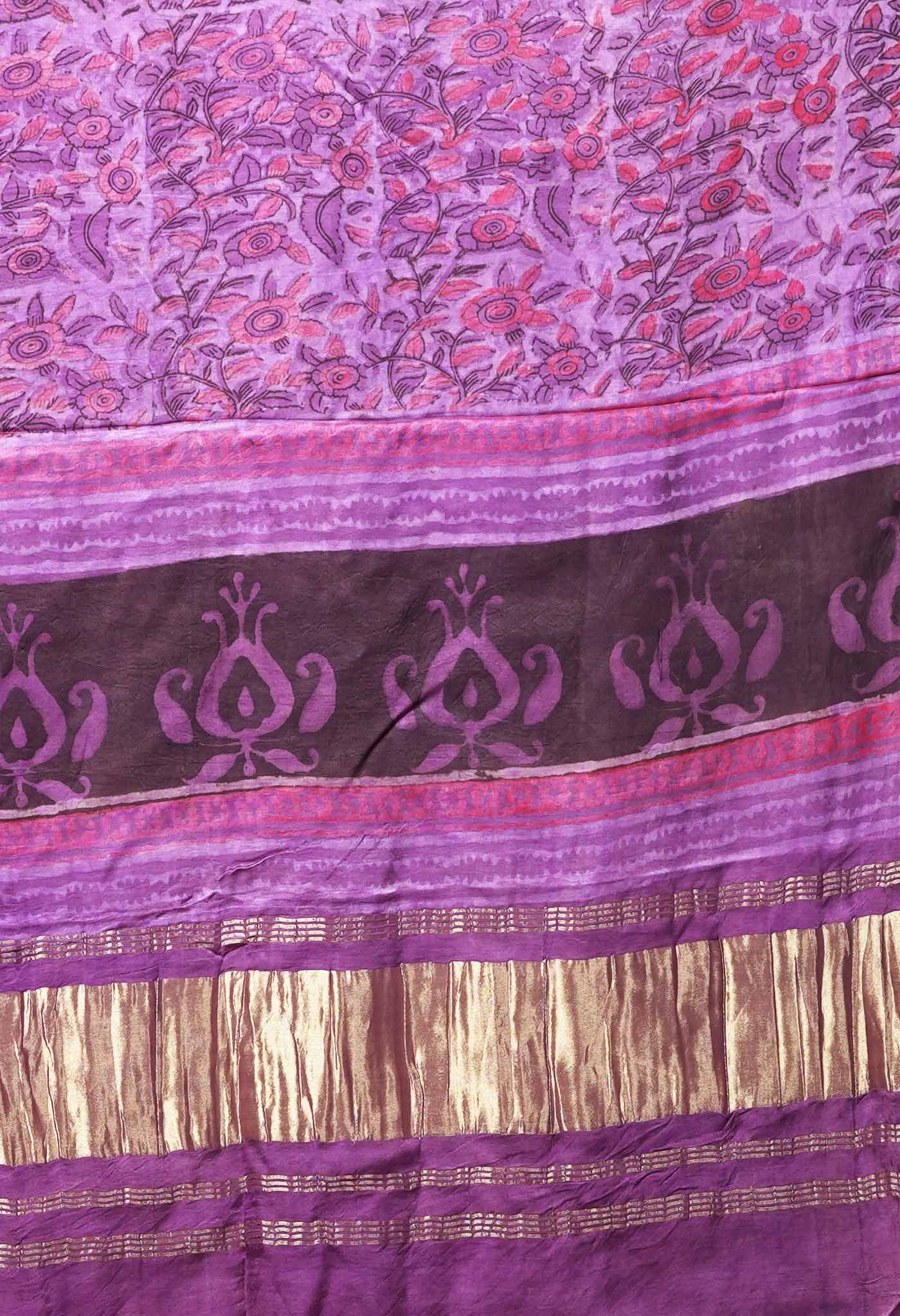 Lavender Pure Vanaspathi Block Printed Gaji Silk Dupatta-UDS5894