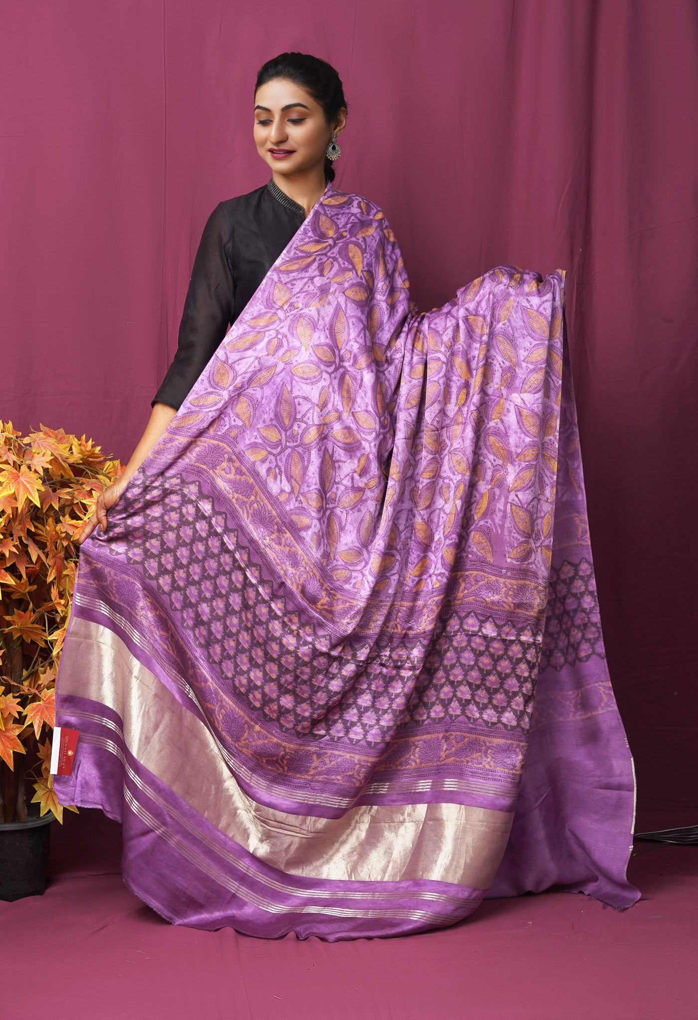 Lavender Pure Vanaspathi Block Printed Gaji Silk Dupatta-UDS5895