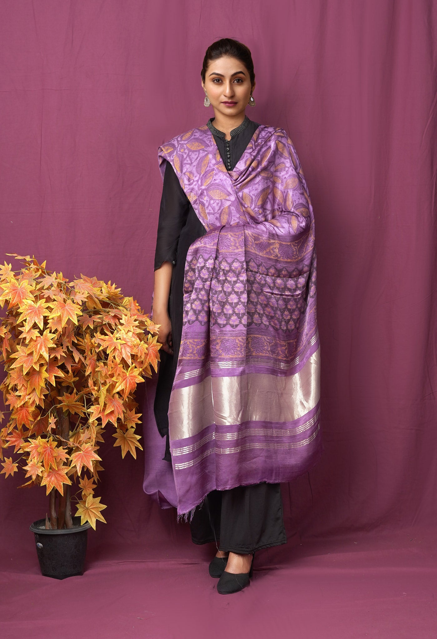 Lavender Pure Vanaspathi Block Printed Gaji Silk Dupatta-UDS5895