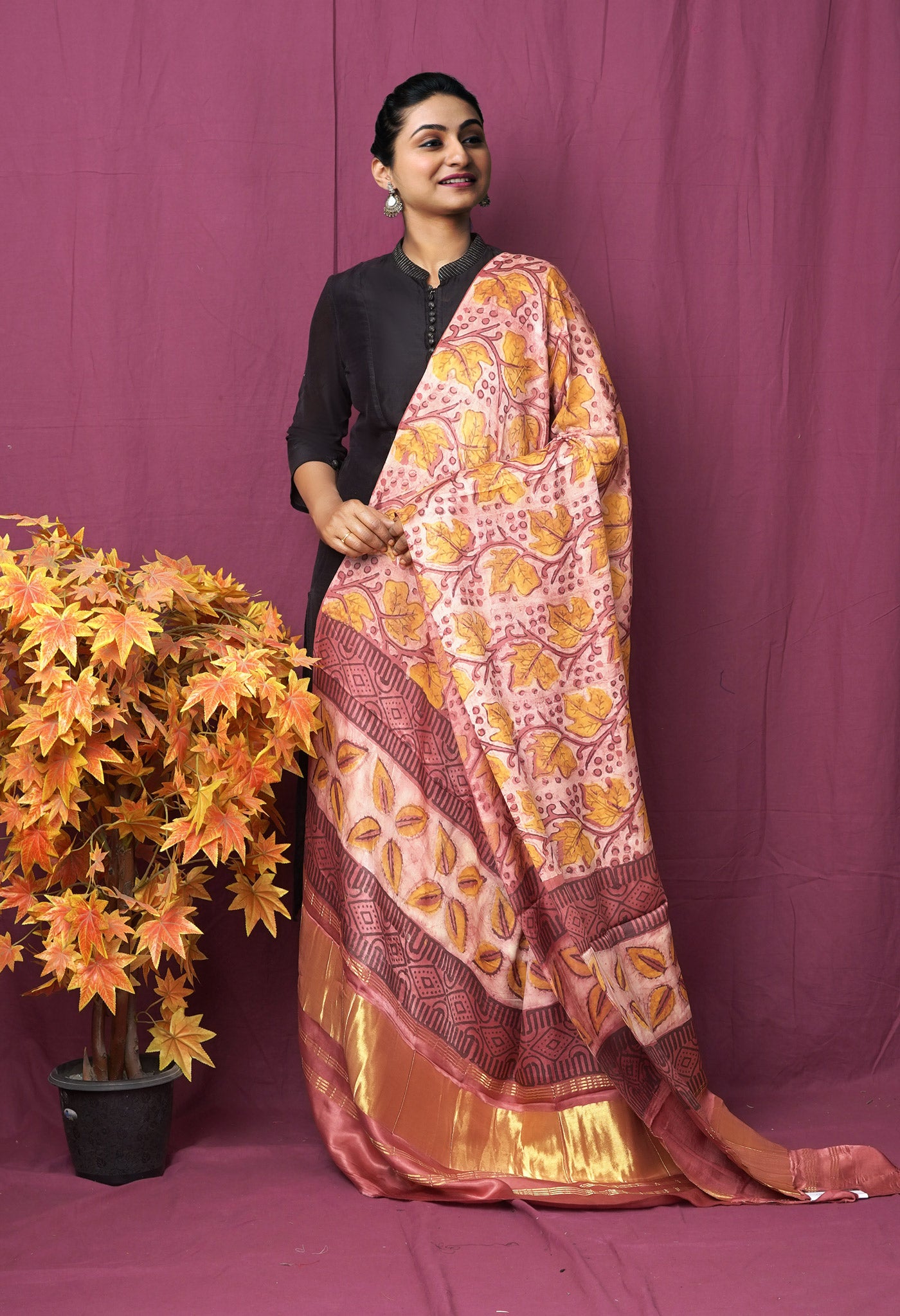 Peach Pink Pure Vanaspathi Block Printed Gaji Silk Dupatta-UDS5896