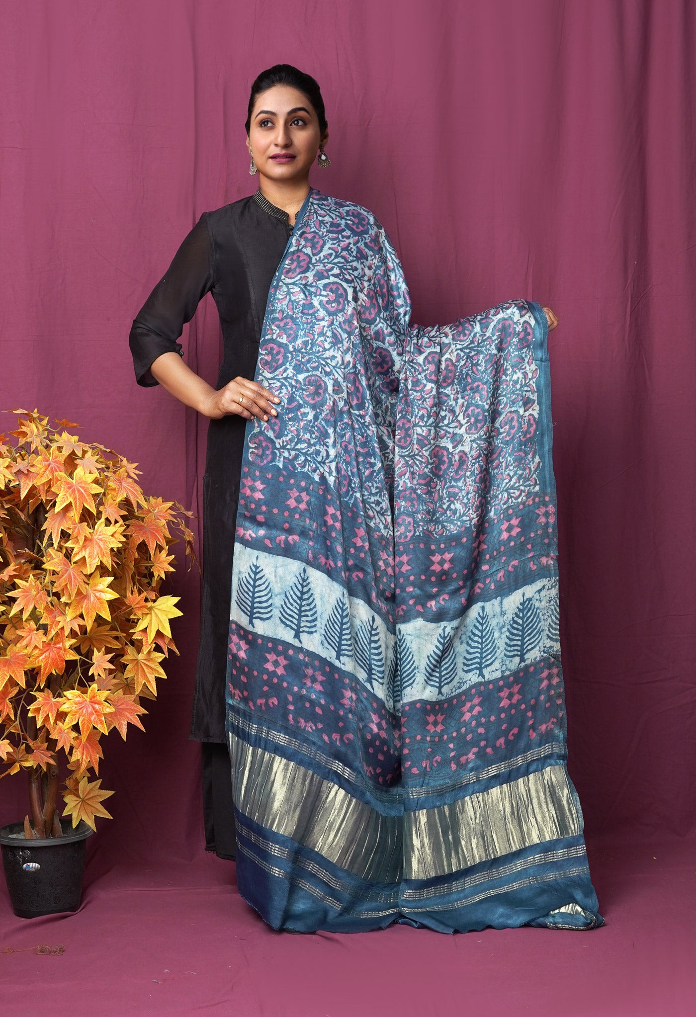 Blue Pure Vanaspathi Block Printed Gaji Silk Dupatta-UDS5897