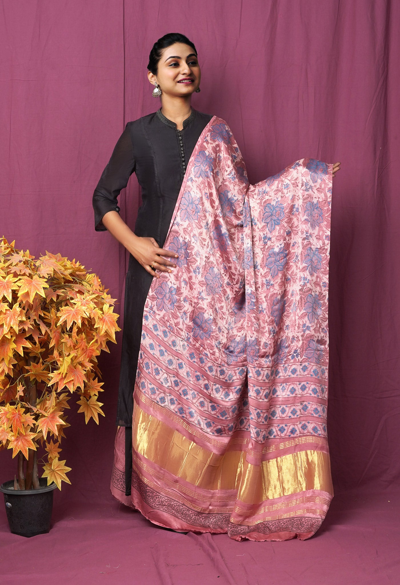 Peach Pink Pure Vanaspathi Block Printed Gaji Silk Dupatta-UDS5898