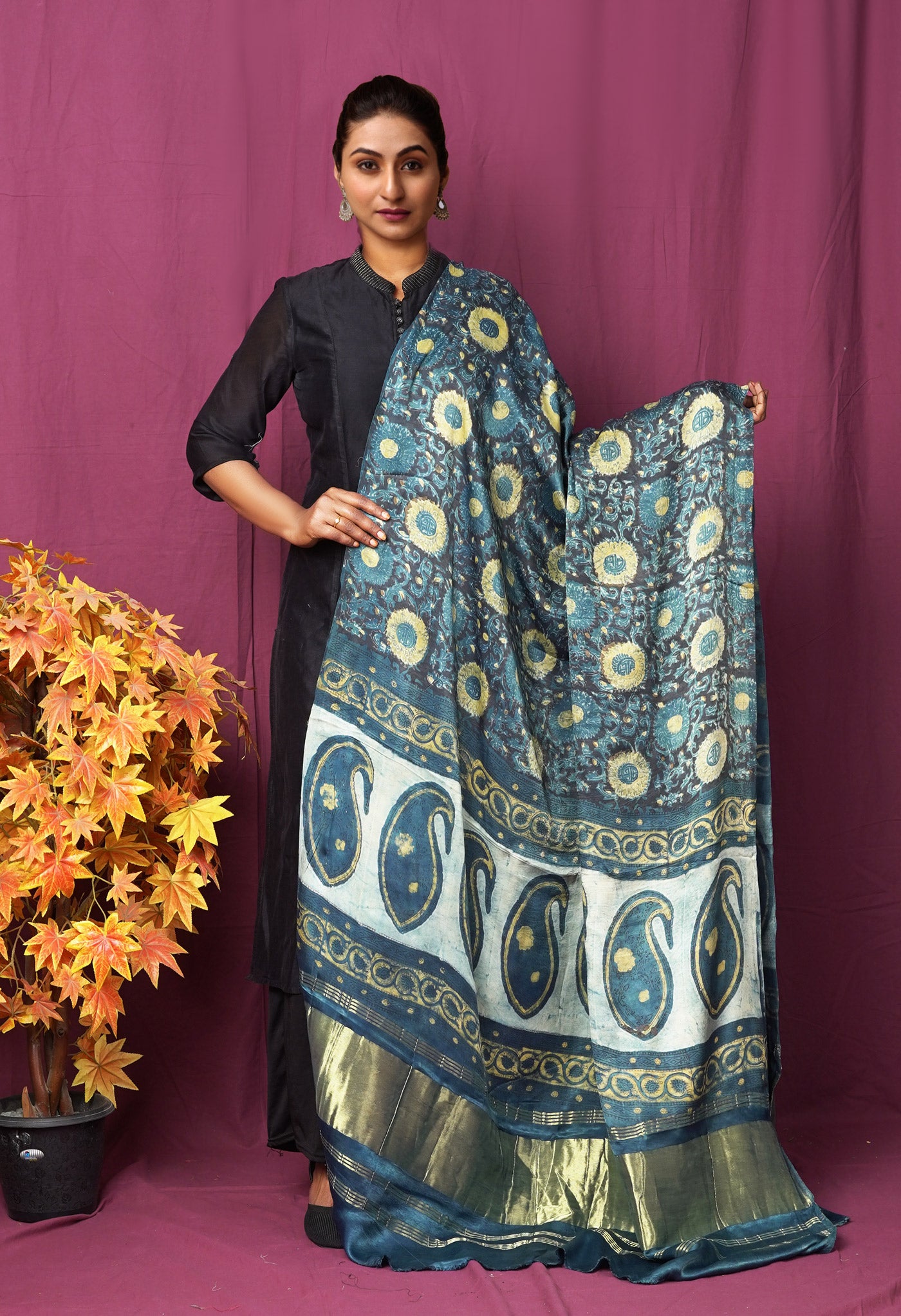 Blue Pure Vanaspathi Block Printed Gaji Silk Dupatta-UDS5900