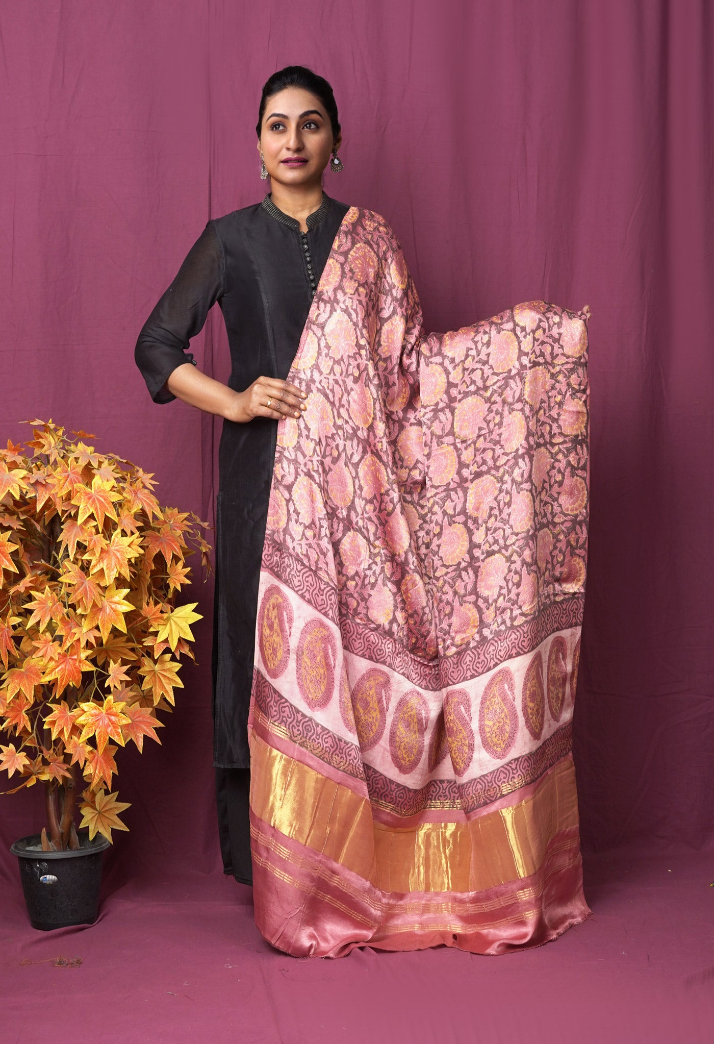 Peach Pink Pure Vanaspathi Block Printed Gaji Silk Dupatta-UDS5901